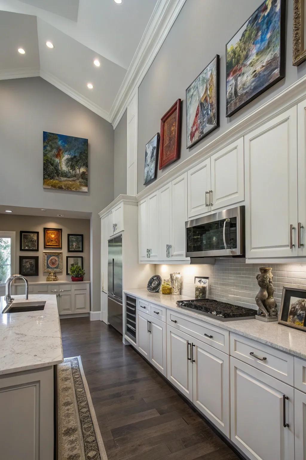 Art above furniture adding a personal and artistic flair to the kitchen.
