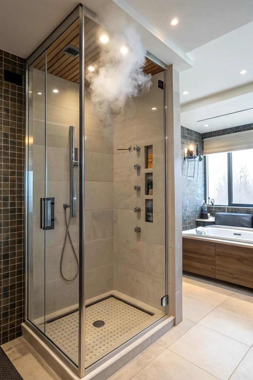 A steam outlet and diffuser optimize steam distribution.