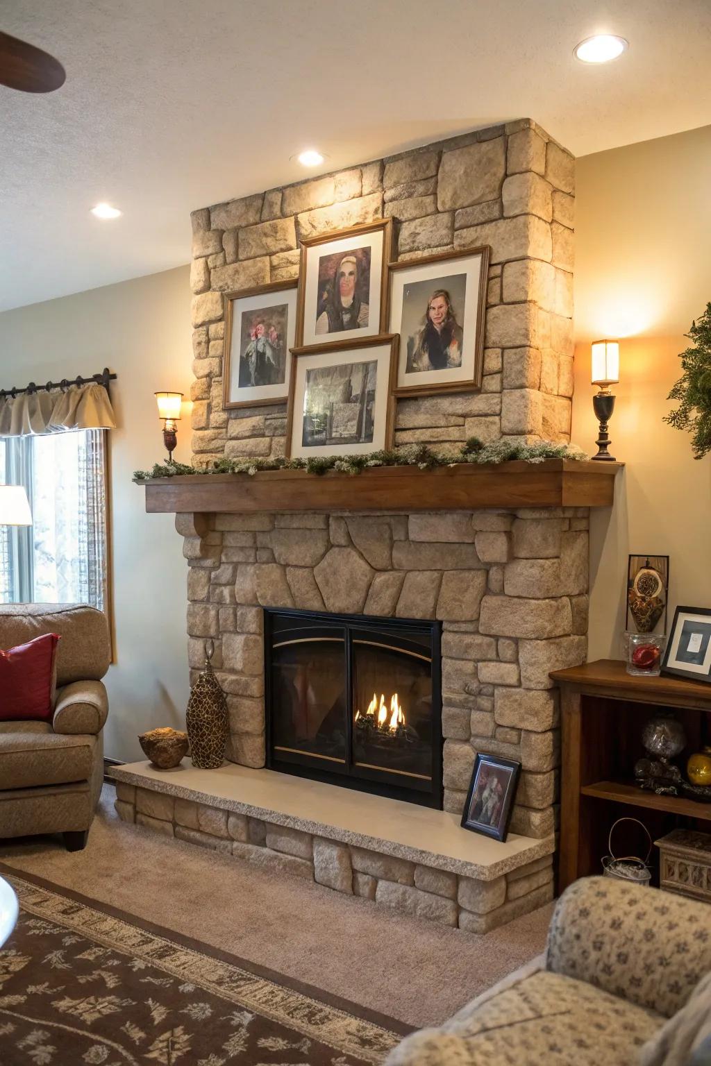 A personalized area showcases a stone fireplace and family photographs that incorporate a personal touch.