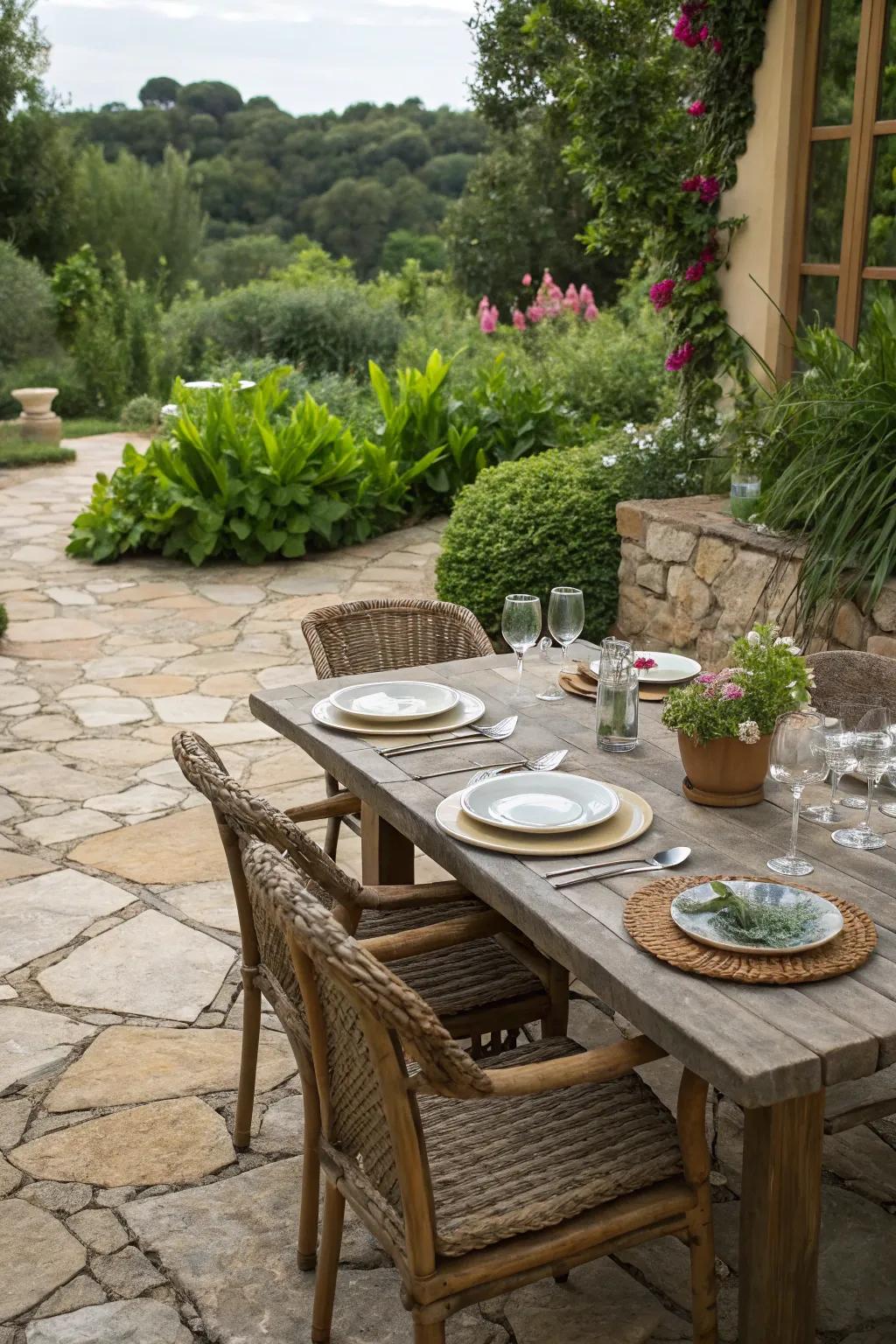 A stone patio set up for delightful outdoor dining.