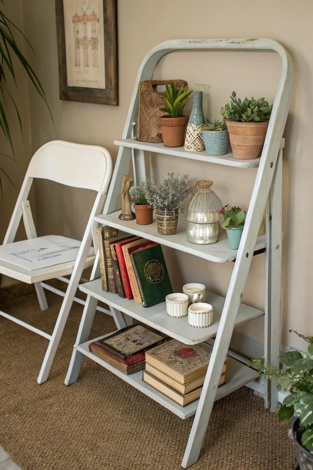 Repurpose folding chairs as a unique wall shelf.