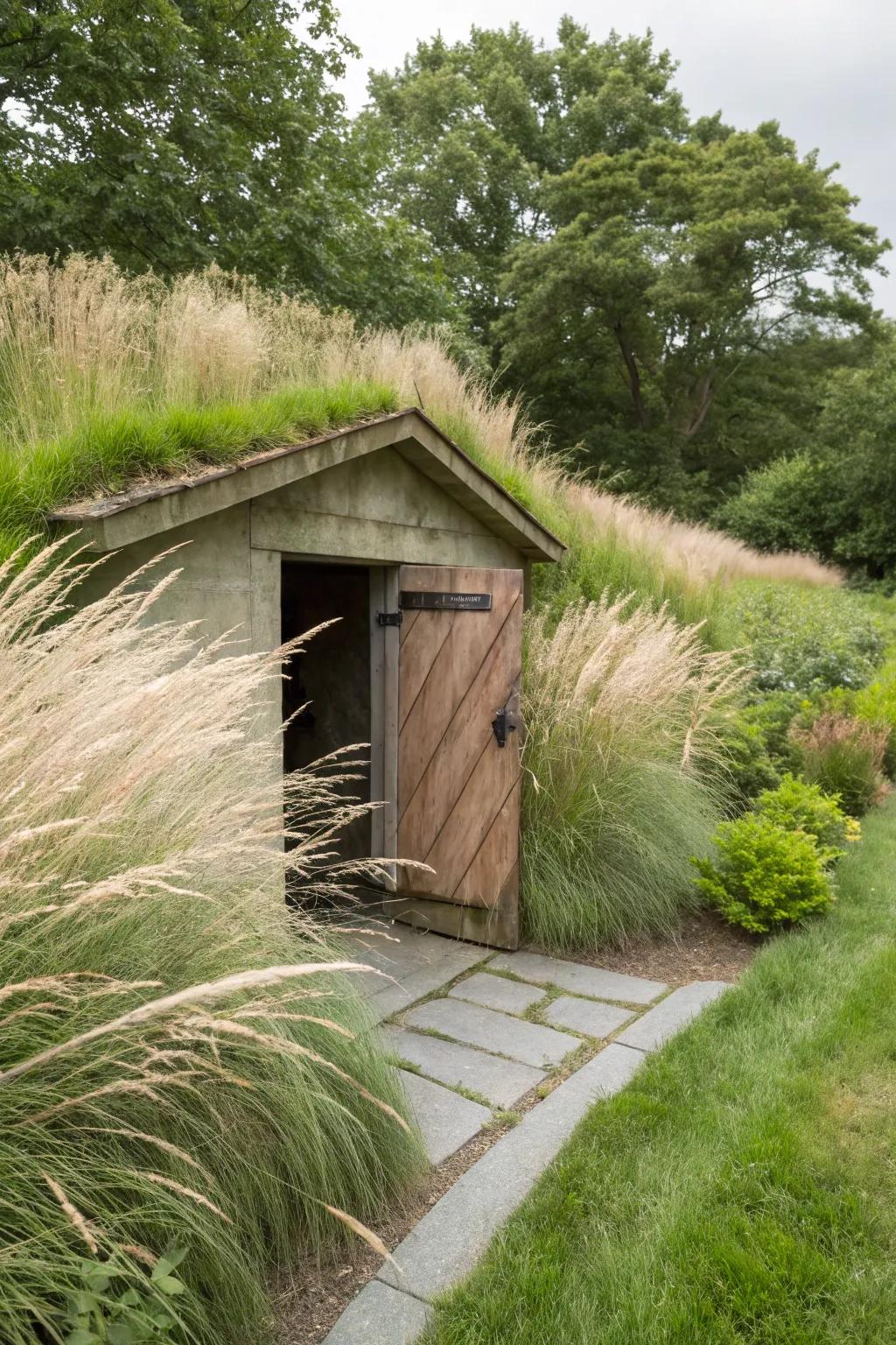 Indigenous grasses deliver movement and eco-friendly beauty encircling the shelter.