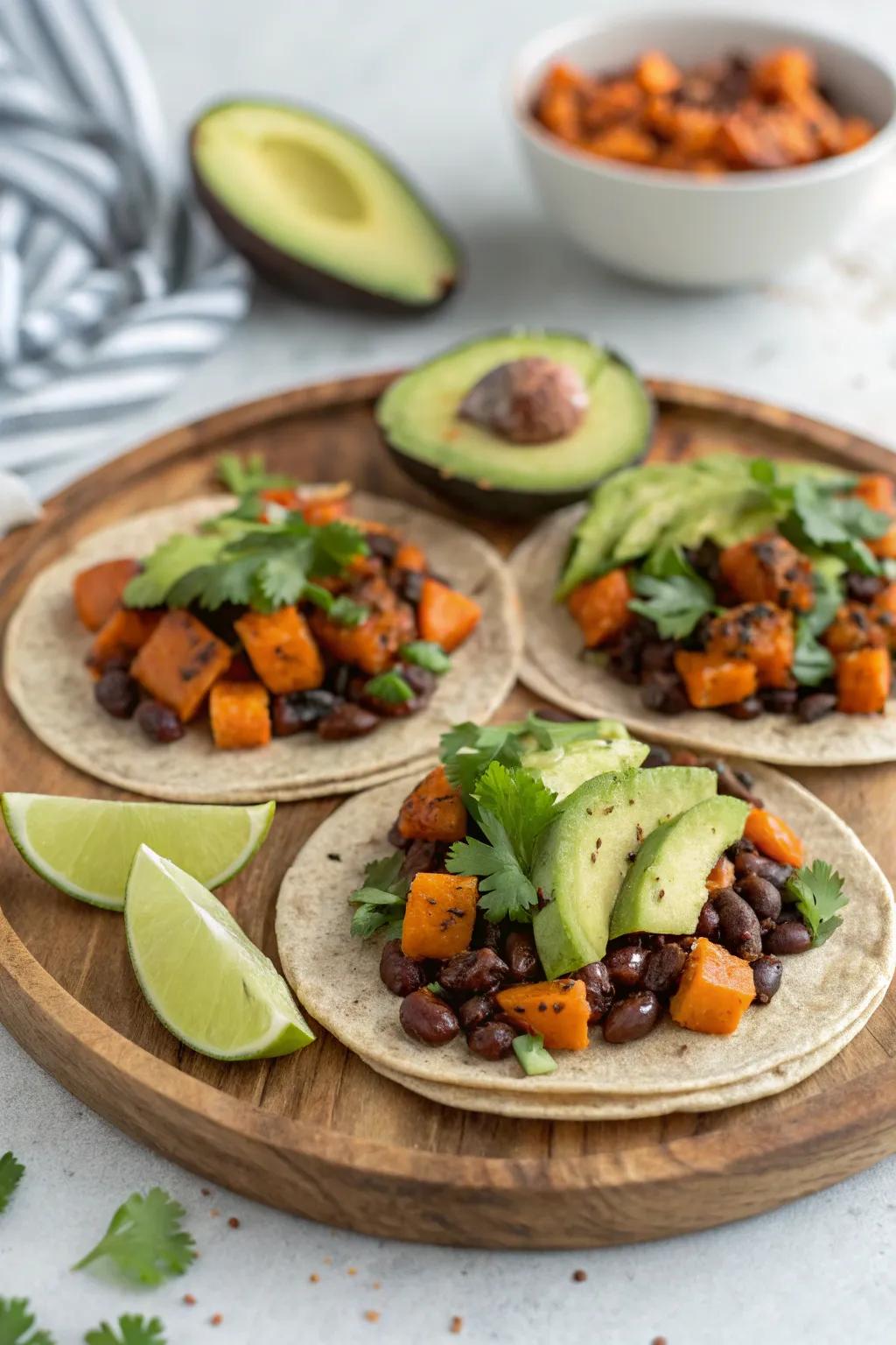 Sweet potato and black bean tacos, filling and nutritious.