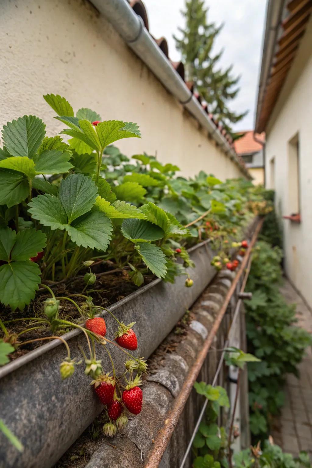 Reclaimed guttering creatively adapted for strawberry cultivation.