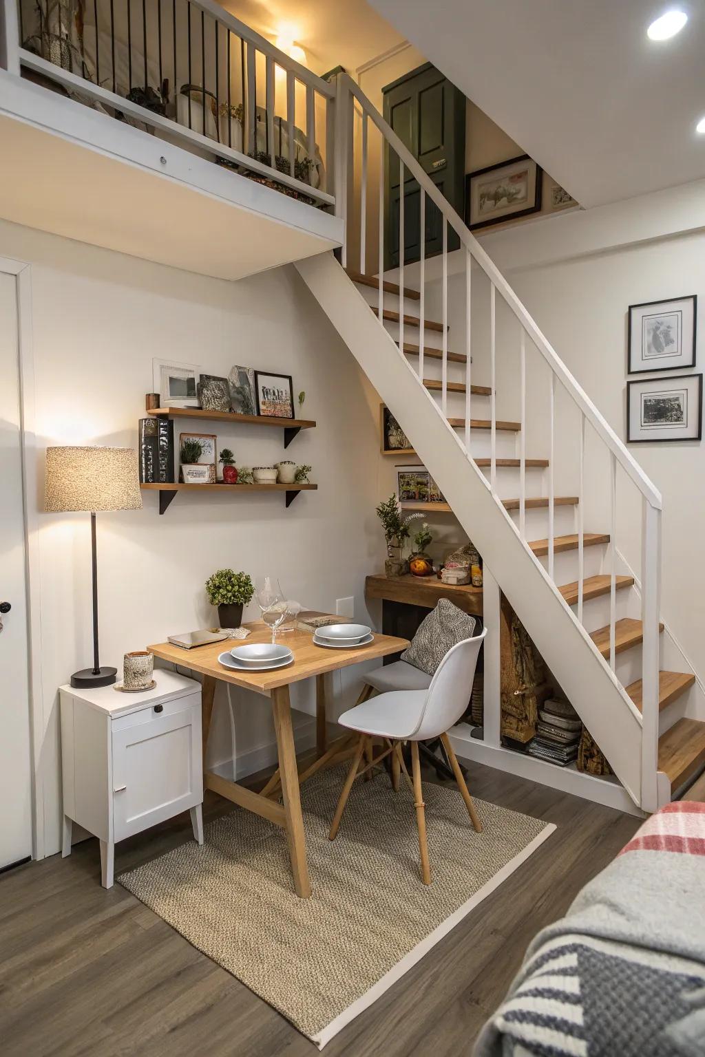 Stairway areas can be transformed into distinctive dining spaces.