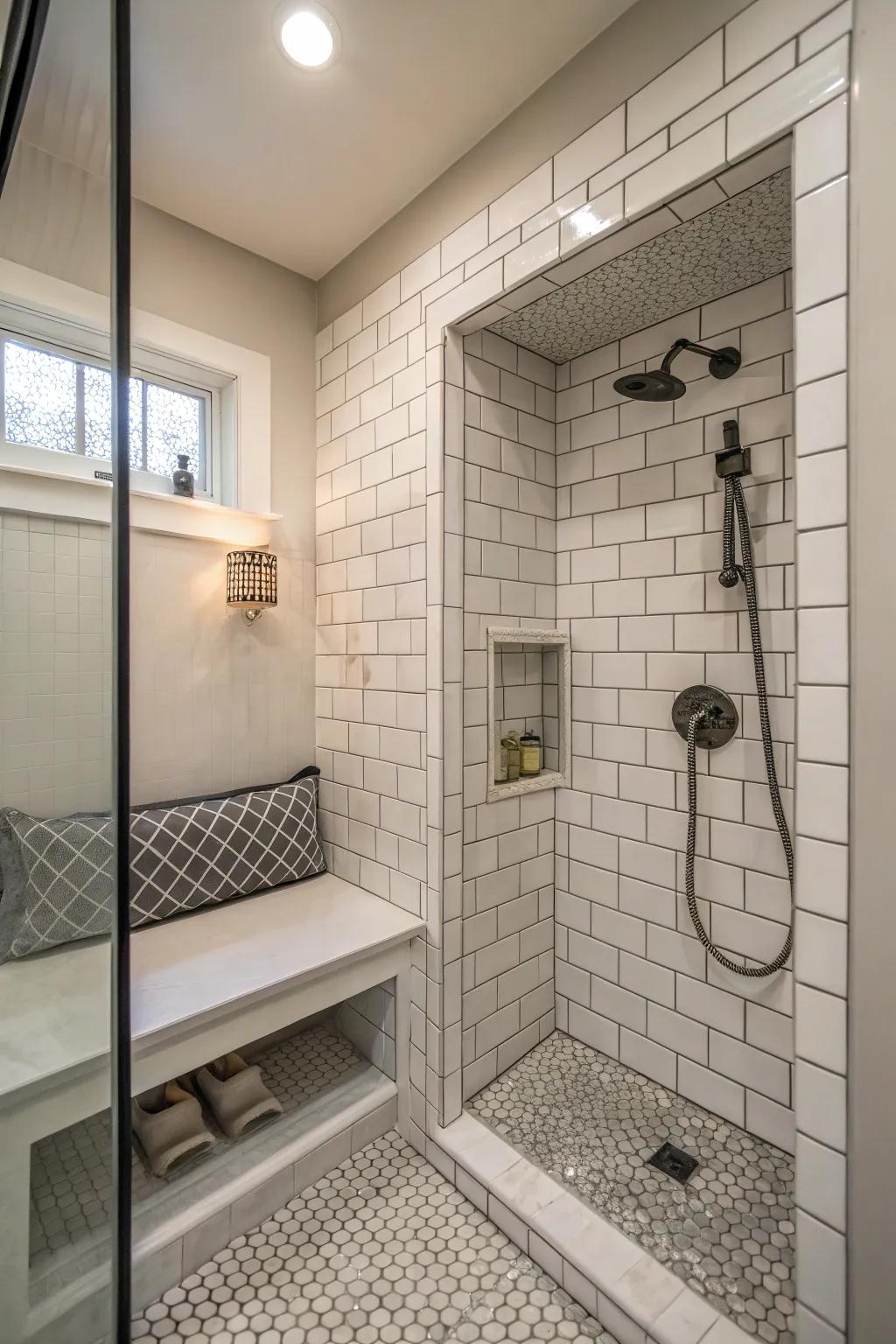 A spacious shower space featuring both a niche and integrated seating.