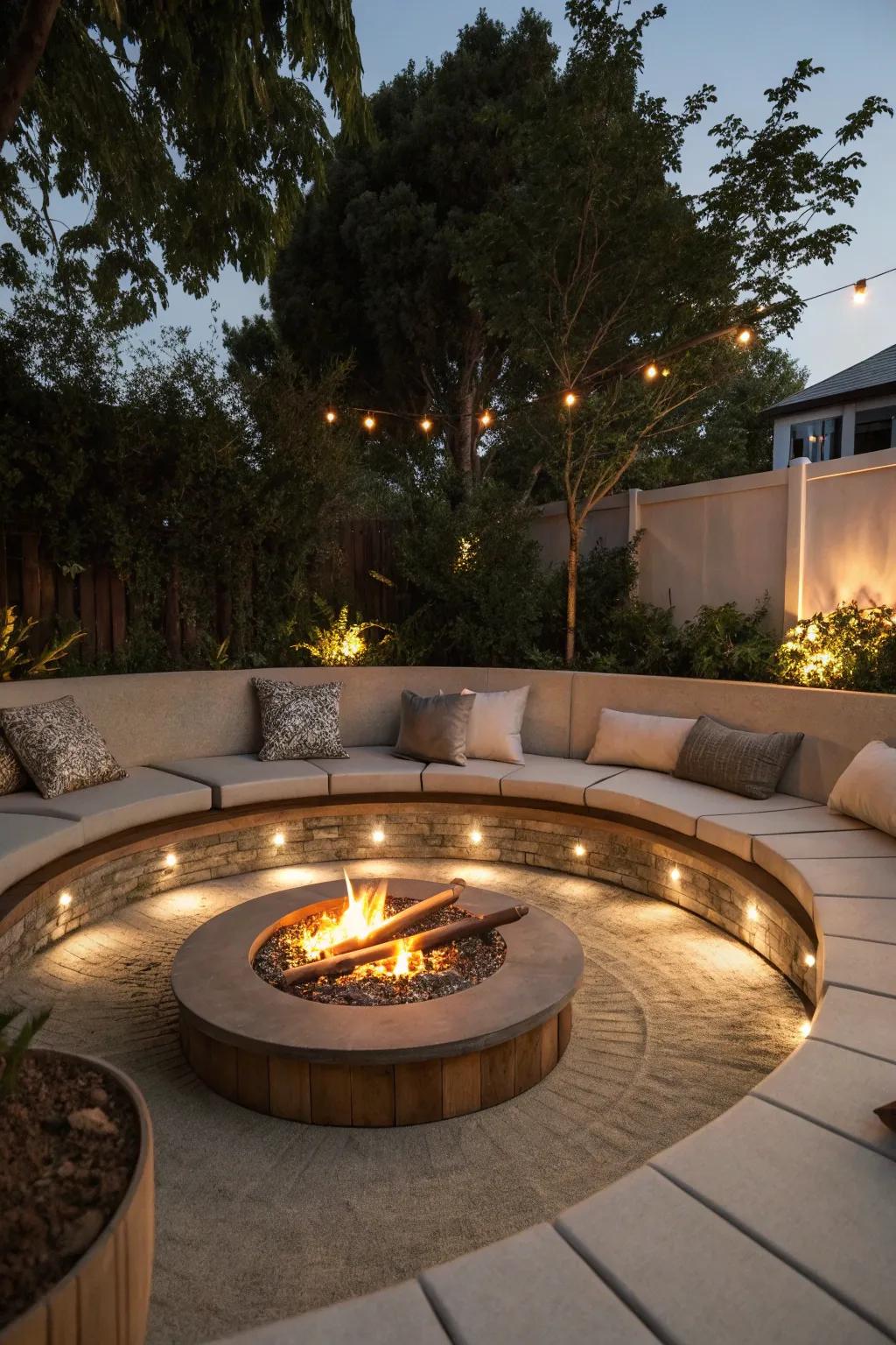 Hidden lighting adds elegance to this recessed fire pit.