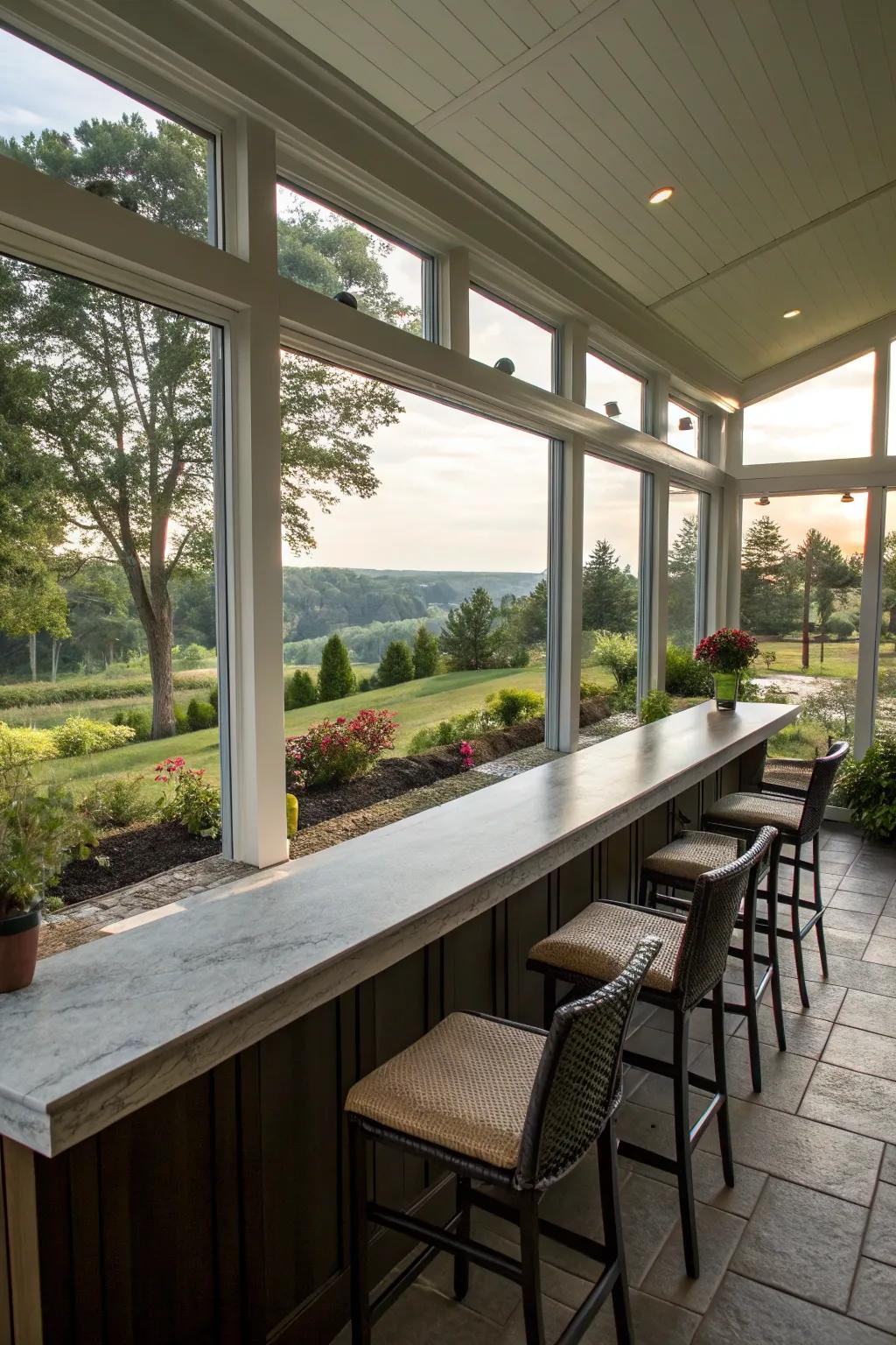 Outdoor views create a serene and scenic backdrop for your sunroom bar.