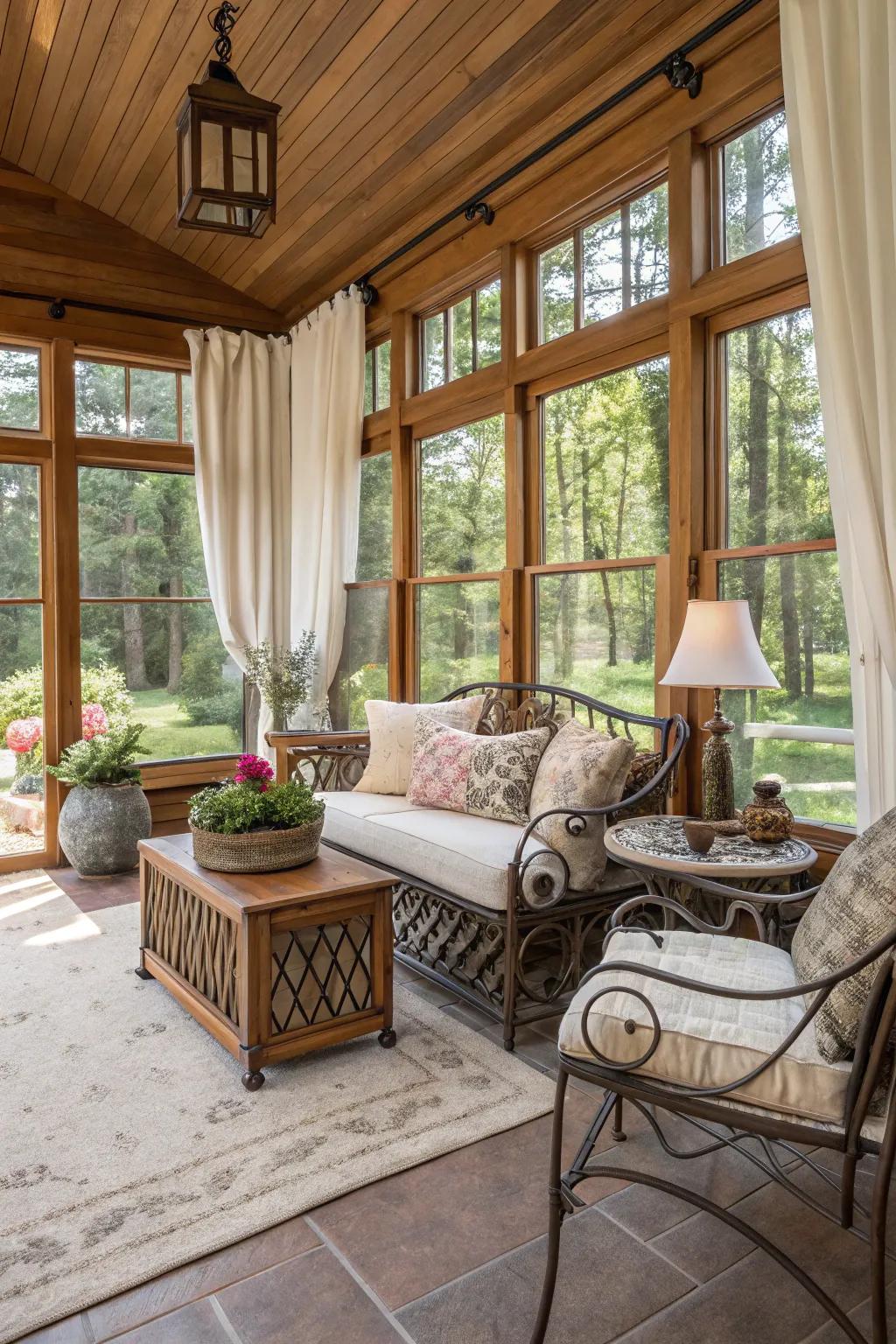 Mixing textures creates a rich and inviting sunroom.