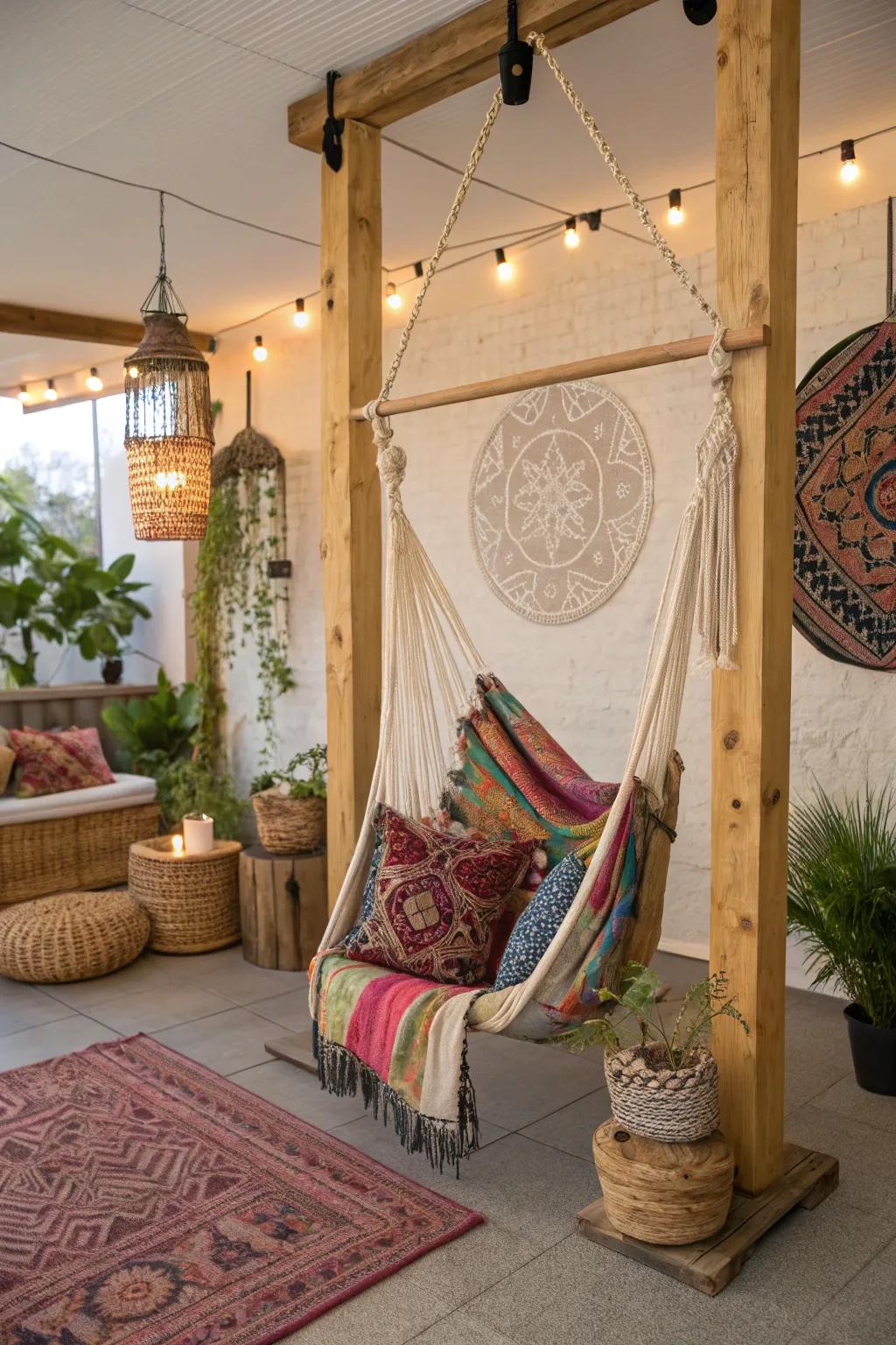 A hammock swing offers a bohemian retreat right in your home.