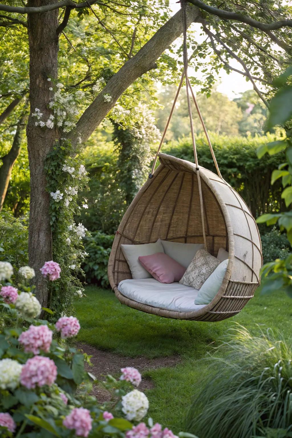 A swing pod offers a private escape in the backyard.