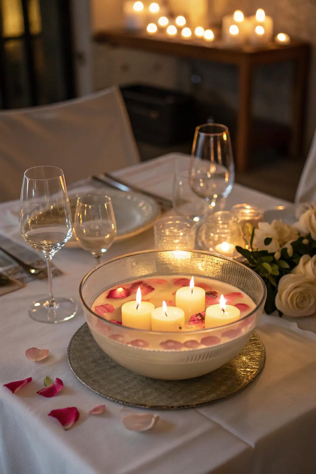 A romantic centerpiece enhanced by floating candles.