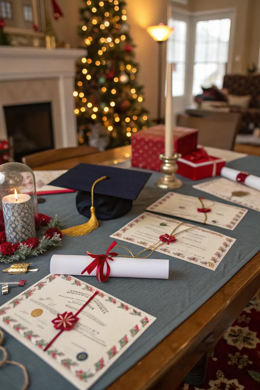 Miniature diplomas are a playful nod to the graduate’s achievement.