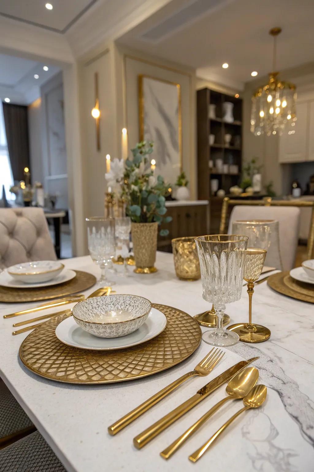 Design a dazzling table that showcases glamorous gold elements.