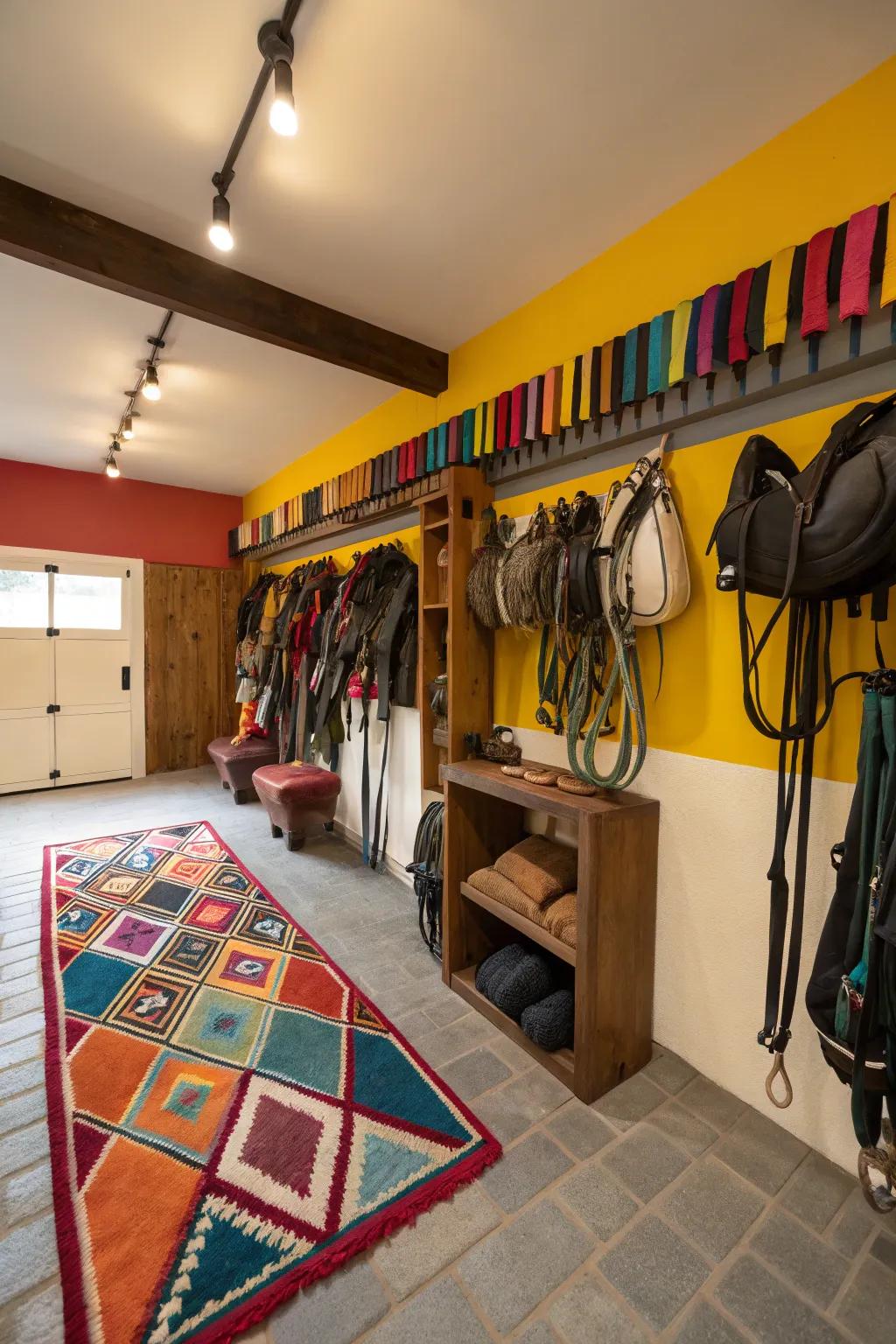 Unexpected color features in a tack room for a lively feel.