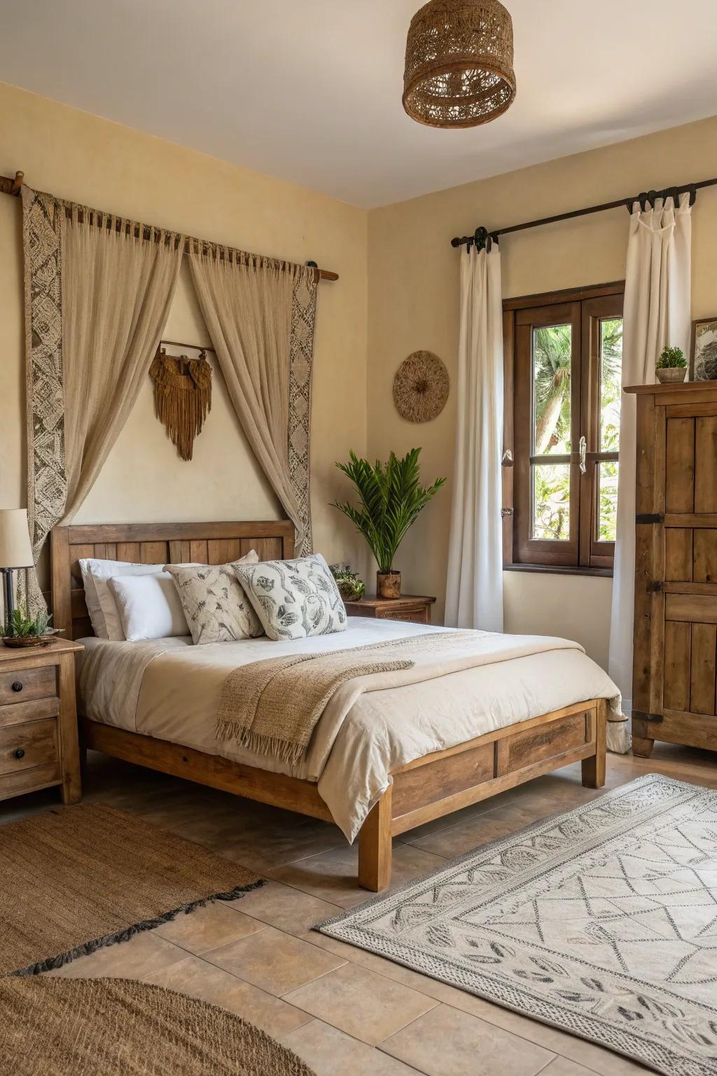 The tan bedroom looks and feels good with earth friendly touches.
