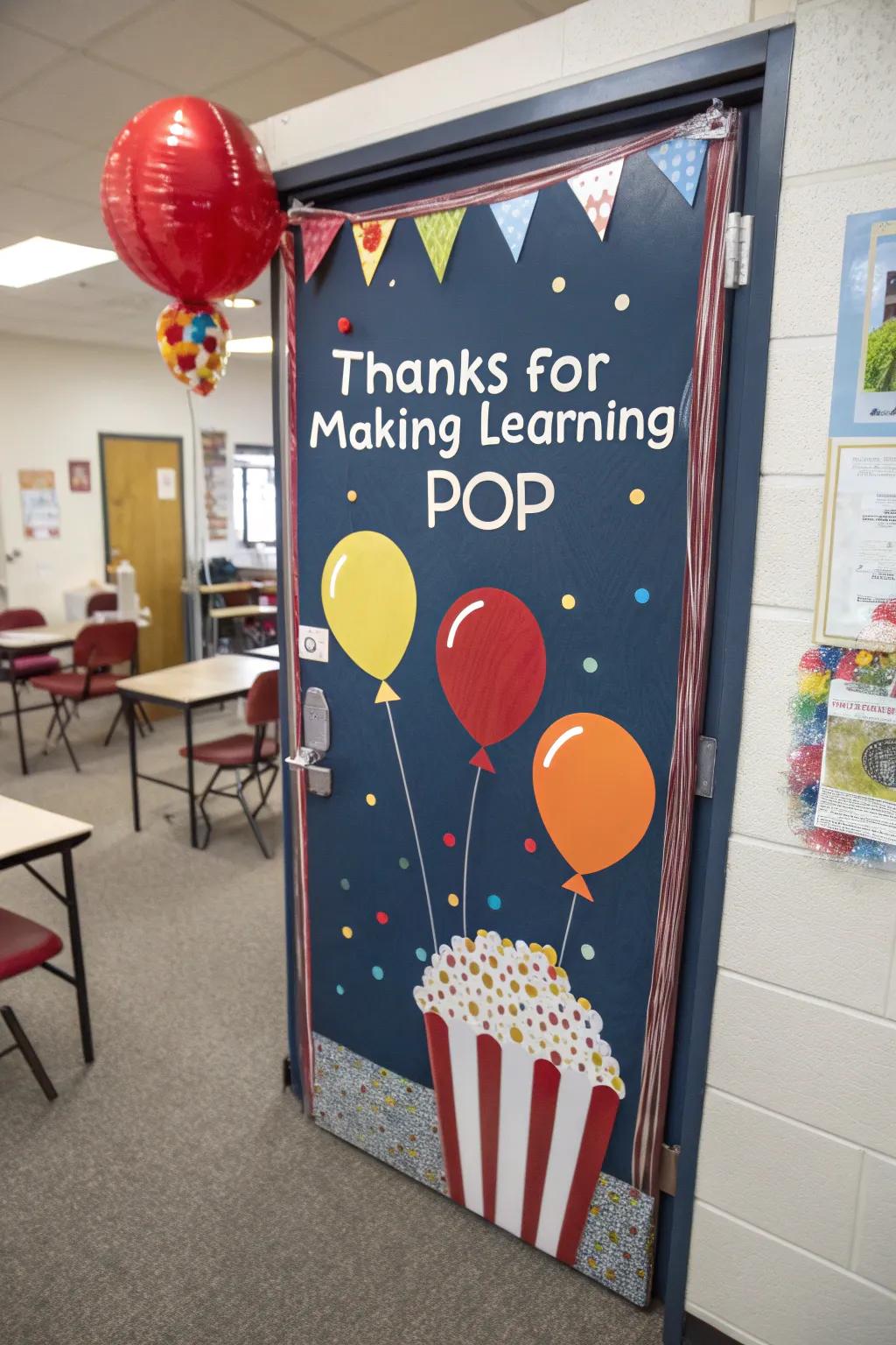 Introduce a burst of fun with a balloon and popcorn-themed appreciation door.