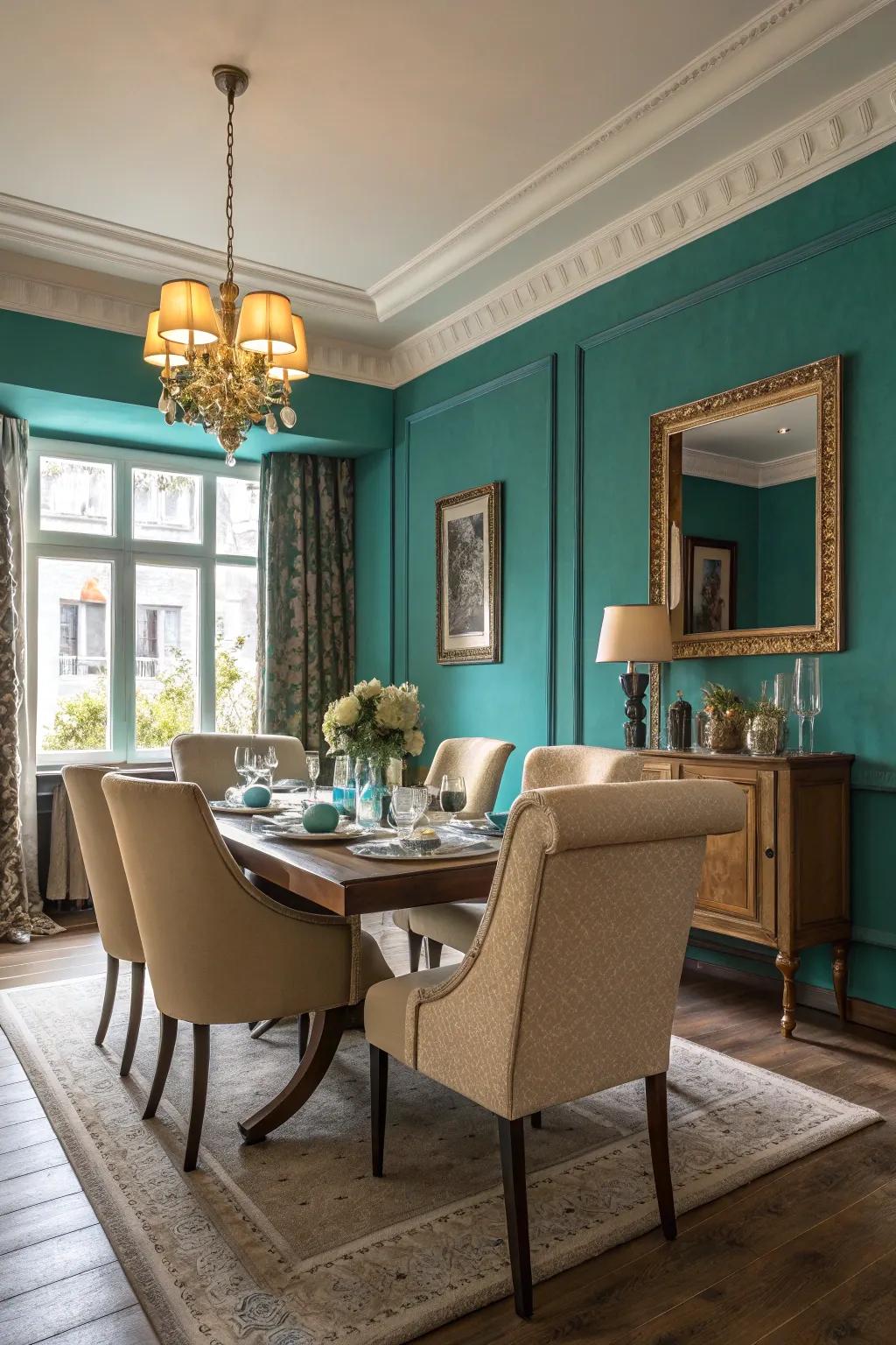 The intensity of teal is softened by beige
