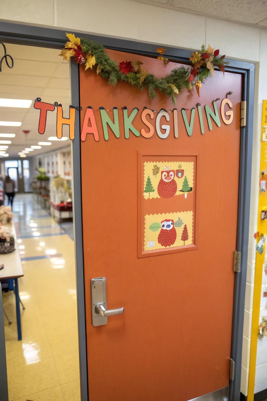A charming Gobble Gobble Garland door design featuring mini turkeys.