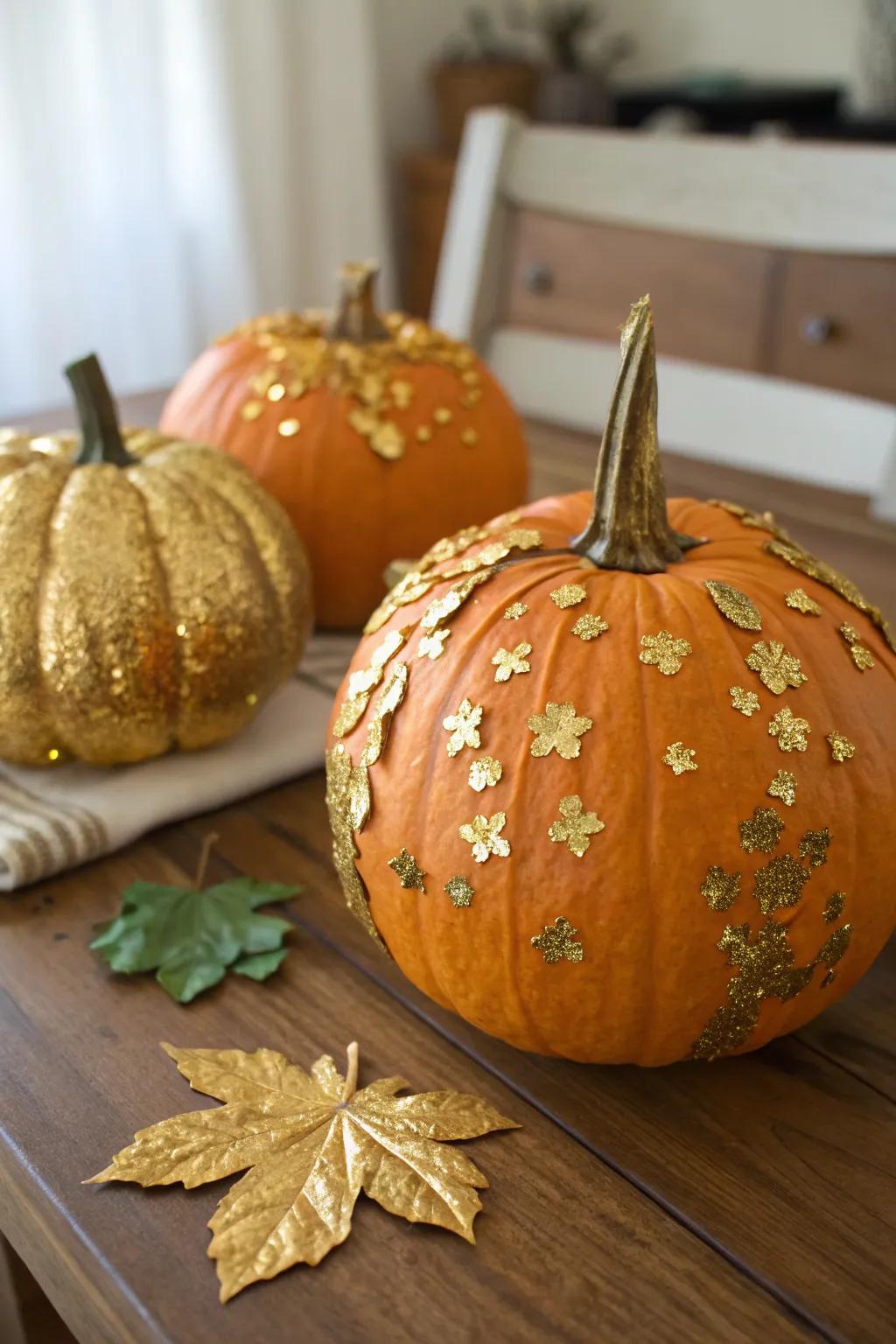 Opulent gold leaf pumpkins incorporating a sophisticated sparkle.