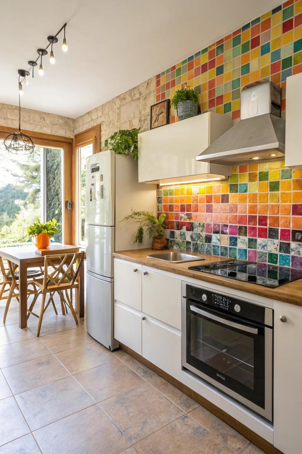 Creative detail and color are added to this kitchen by mosaic tiles.