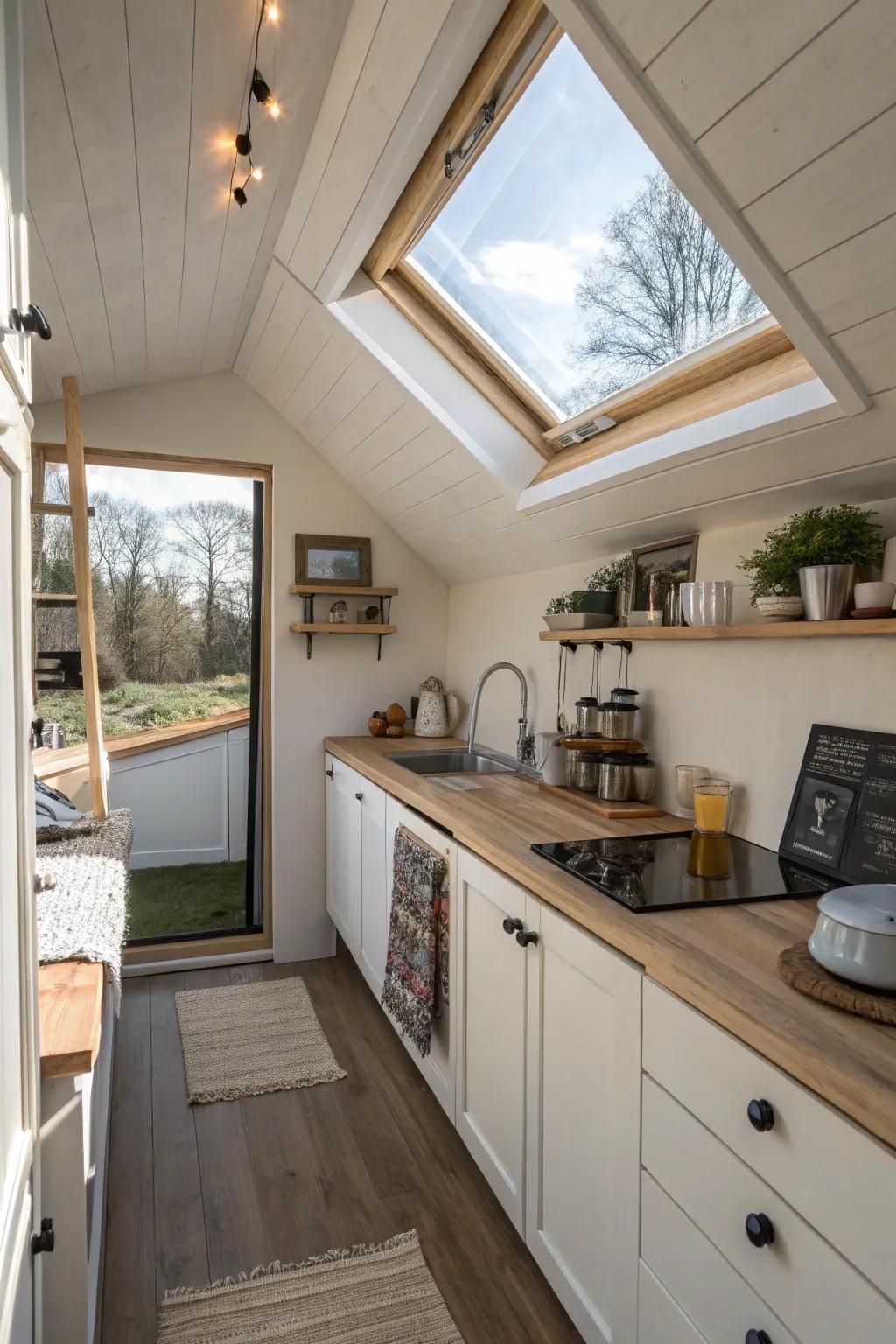 A skylight fills a small kitchen with natural light and openness.