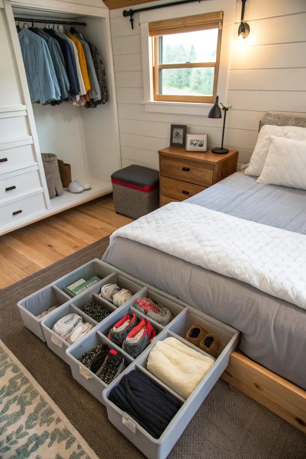 Effective under-bed arrangement found within a small house bedroom