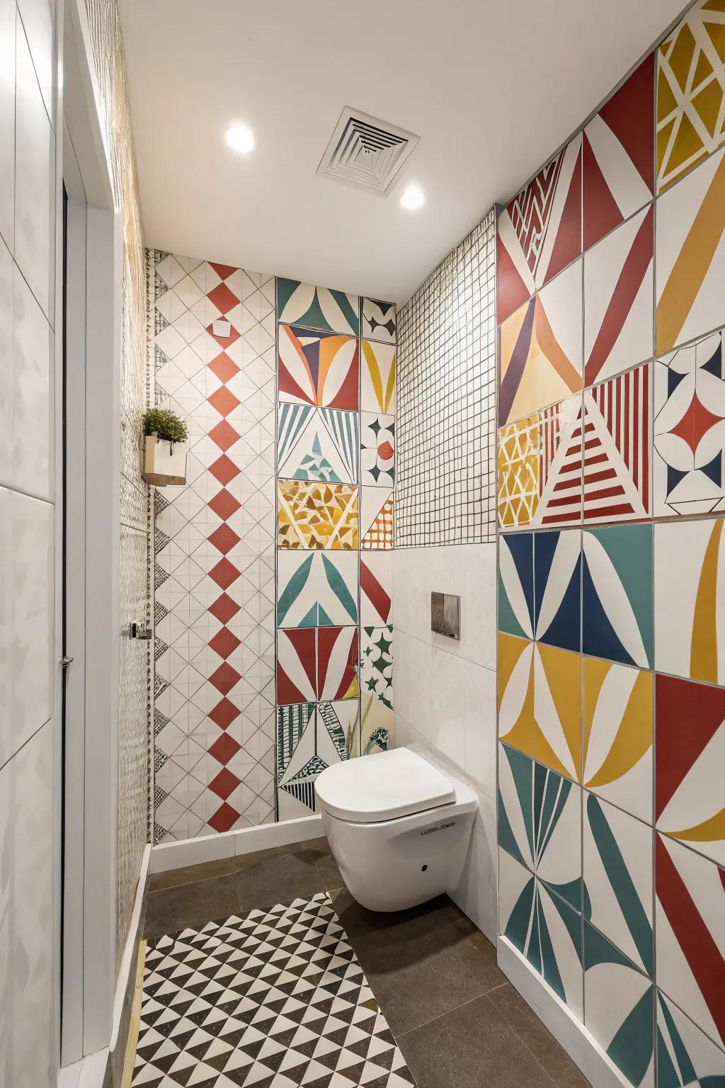 Modern and vibrant style utilizing geometric motifs inside a washroom.