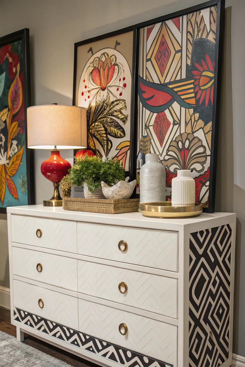 Stunning artwork adds beauty to a dresser.