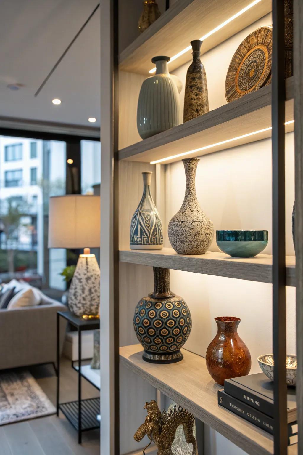 Shelf featuring unique and personal decorative items