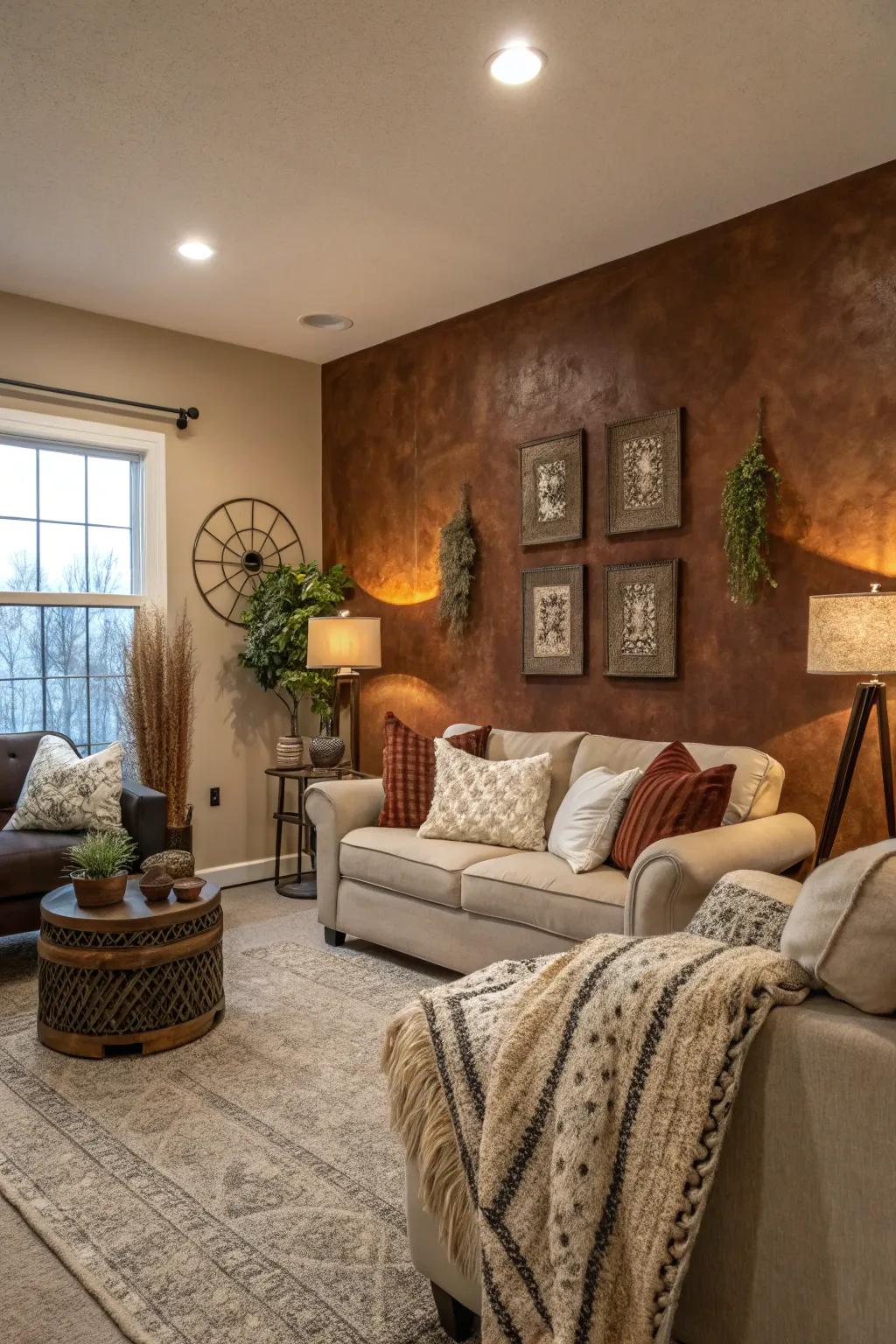 A townhouse living space featuring rustic brown walls for a homely feel.