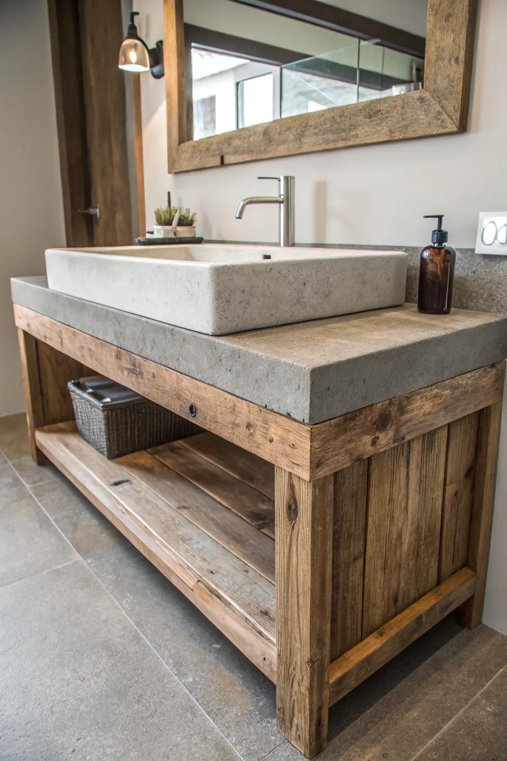 A bathroom vanity showcasing uncommon materials for a dramatic and unforgettable design.