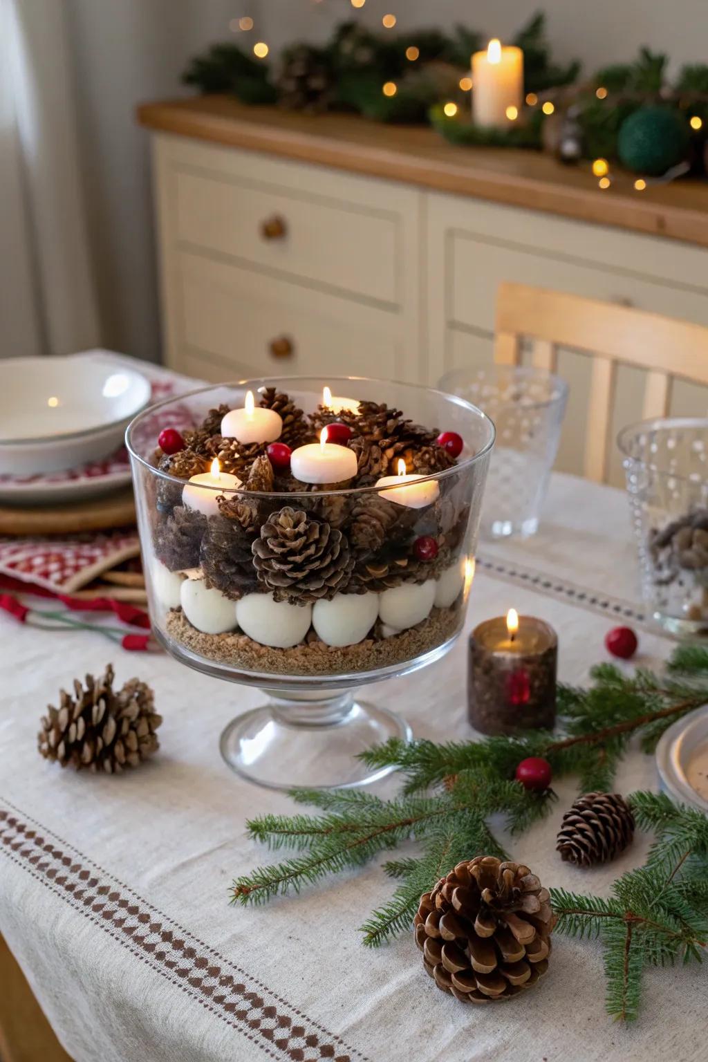 A trifle bowl creating a cozy winter ambiance with lights.