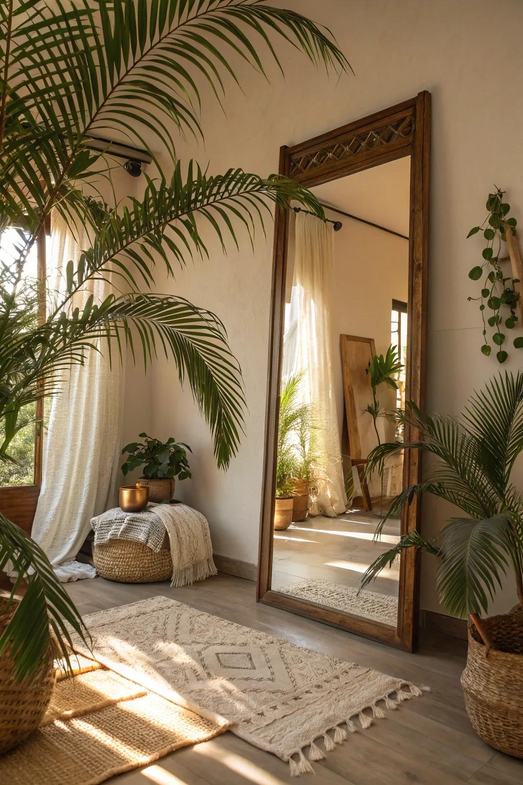Mirrors with tropical frames brighten up the room.