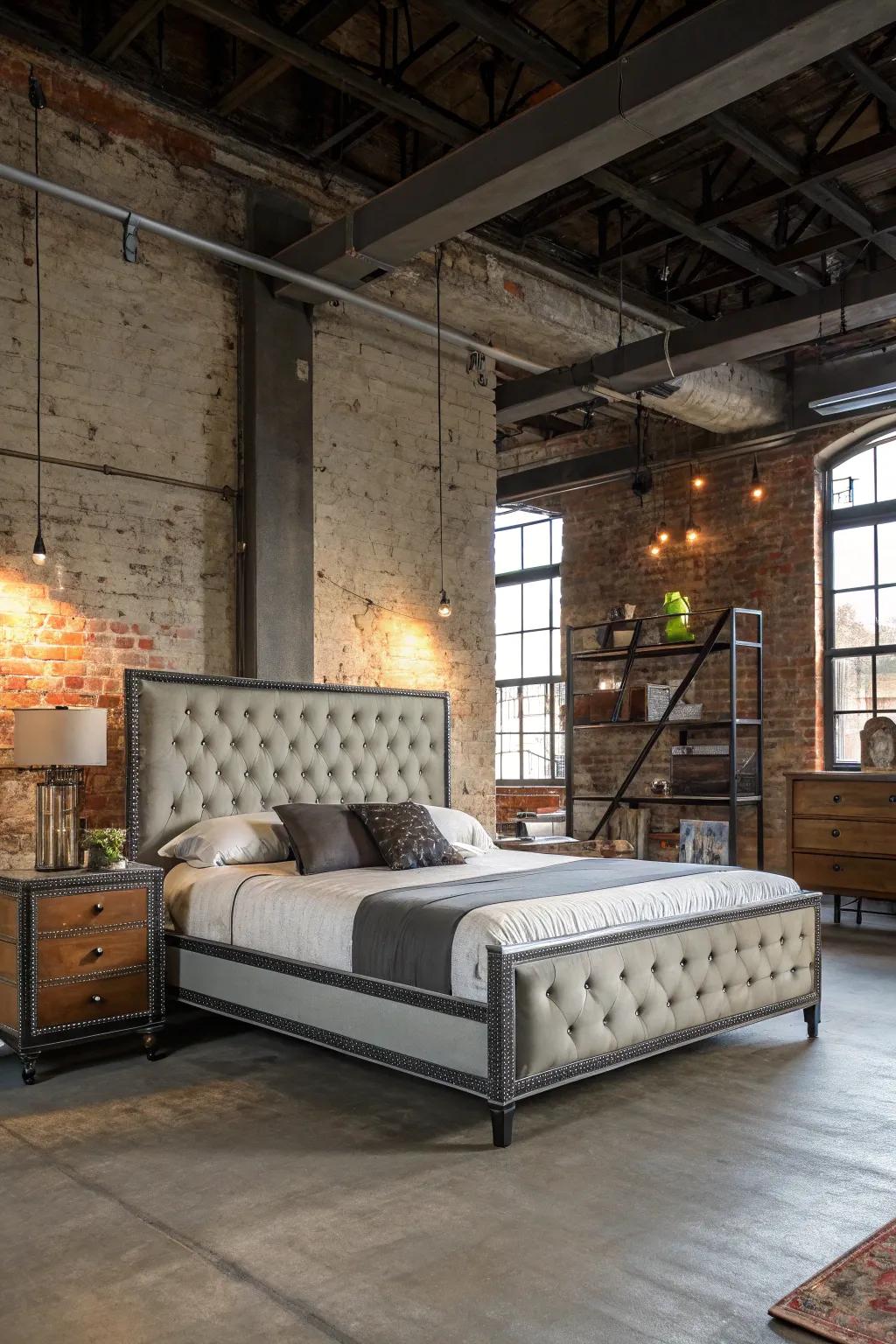 An industrial bedroom with a unique tufted headboard.