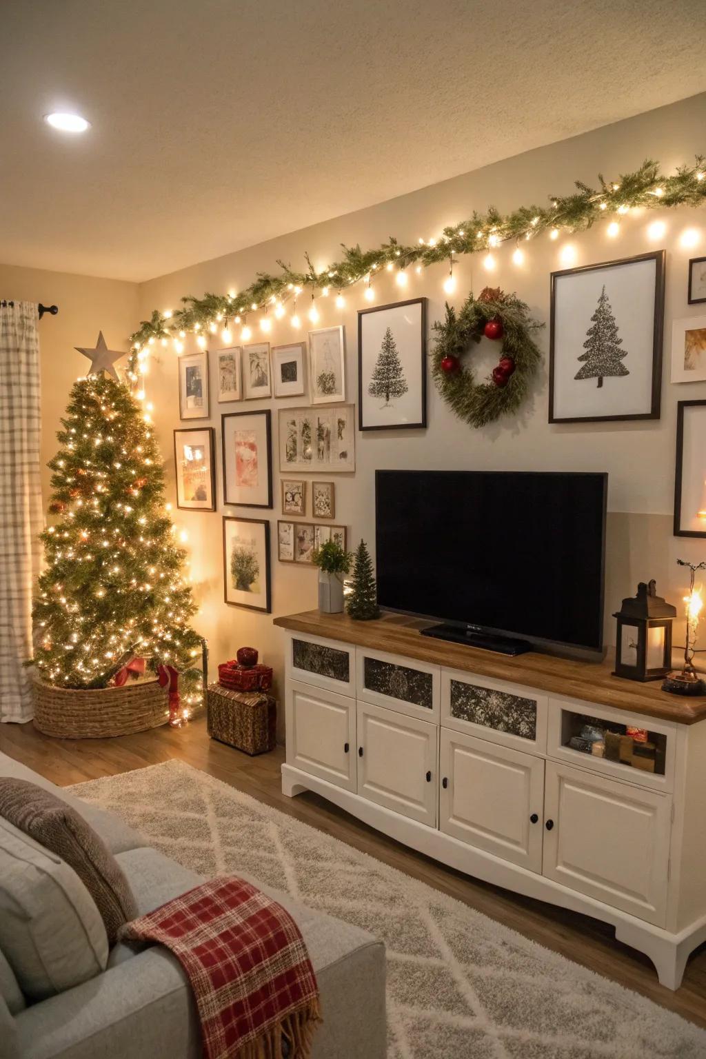 Festive decor keeps this TV gallery wall fresh.