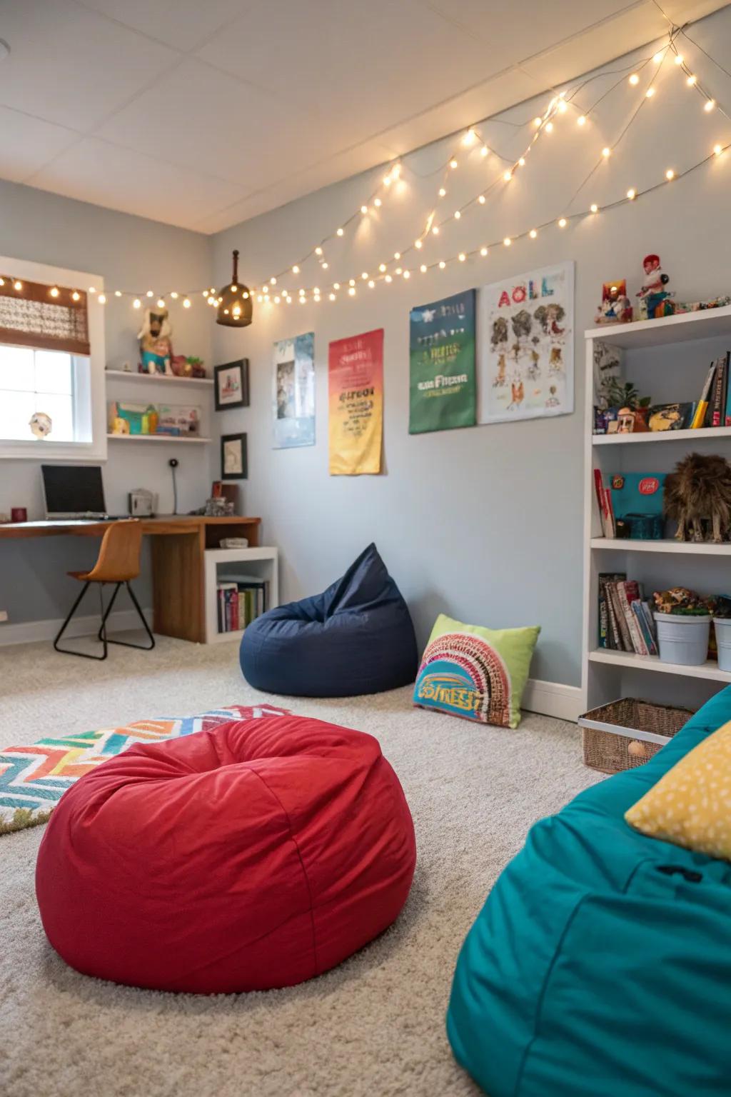 A chill-out zone with bean bags for relaxation.