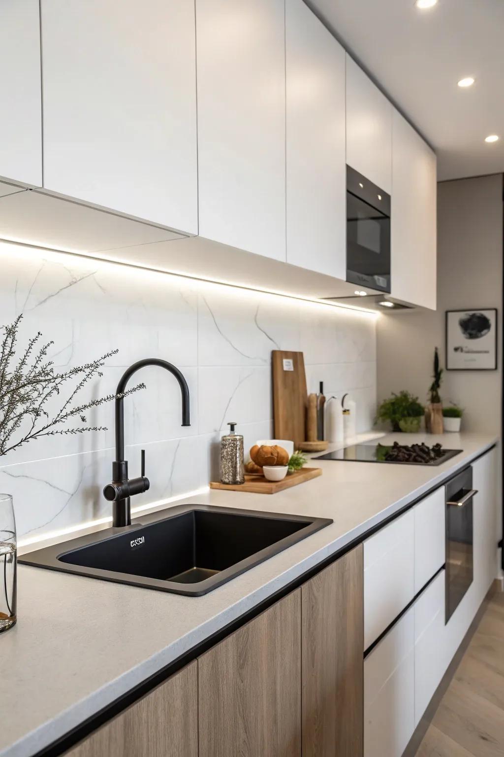 A minimalist kitchen featuring a sleek modern undermount sink.