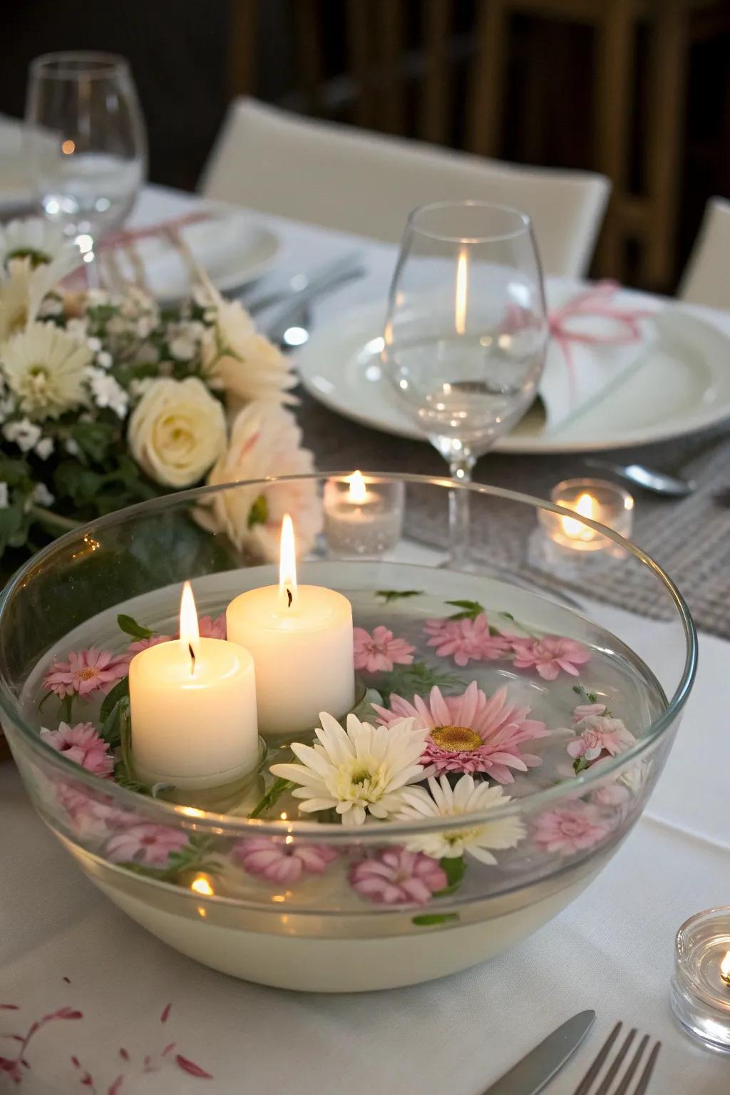 Soaring lights and flowers create a peaceful atmosphere.