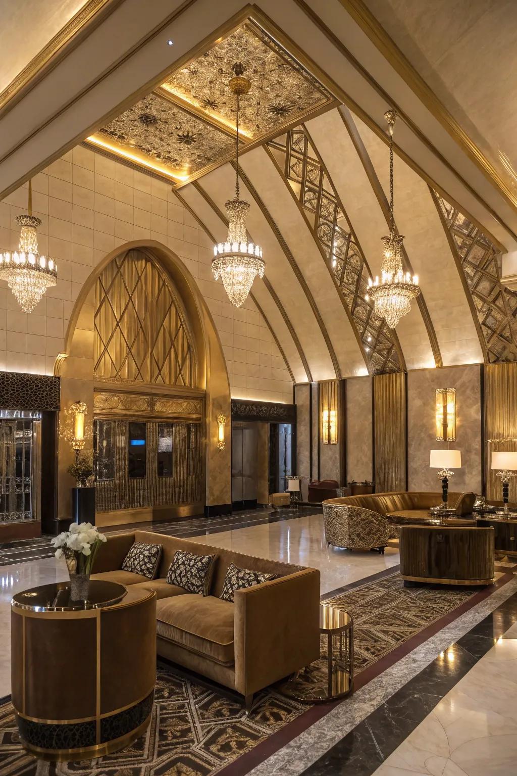 Art Deco allure achieved with aslant beams on a vaulted ceiling.