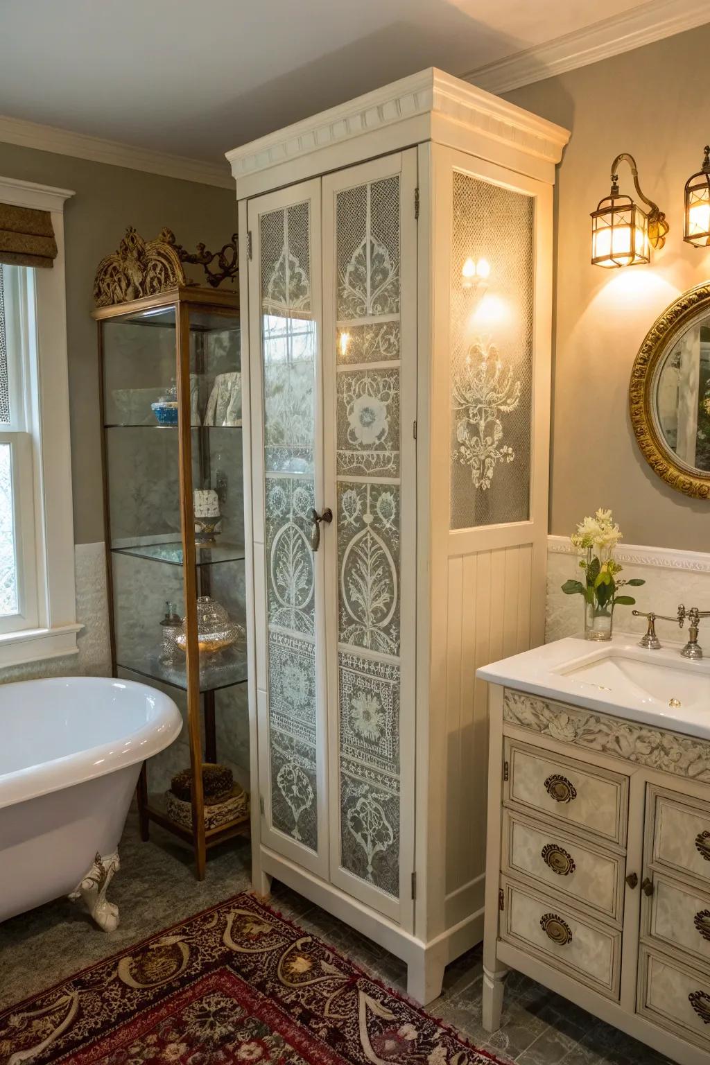 Inscribed glass storage combines storage with elegance.