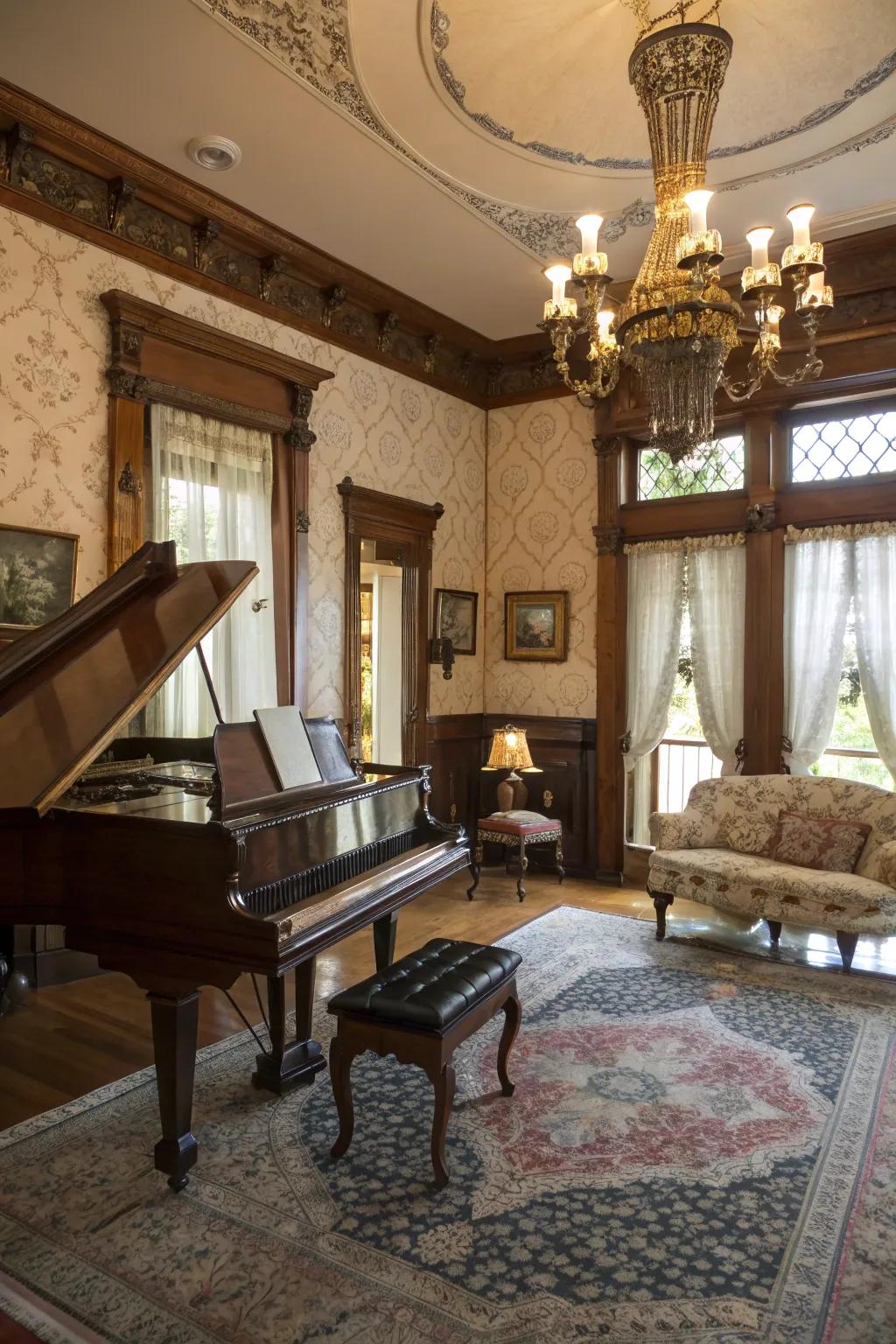 A grand piano introduces a hint of sophistication and aesthetic to the lounge area.