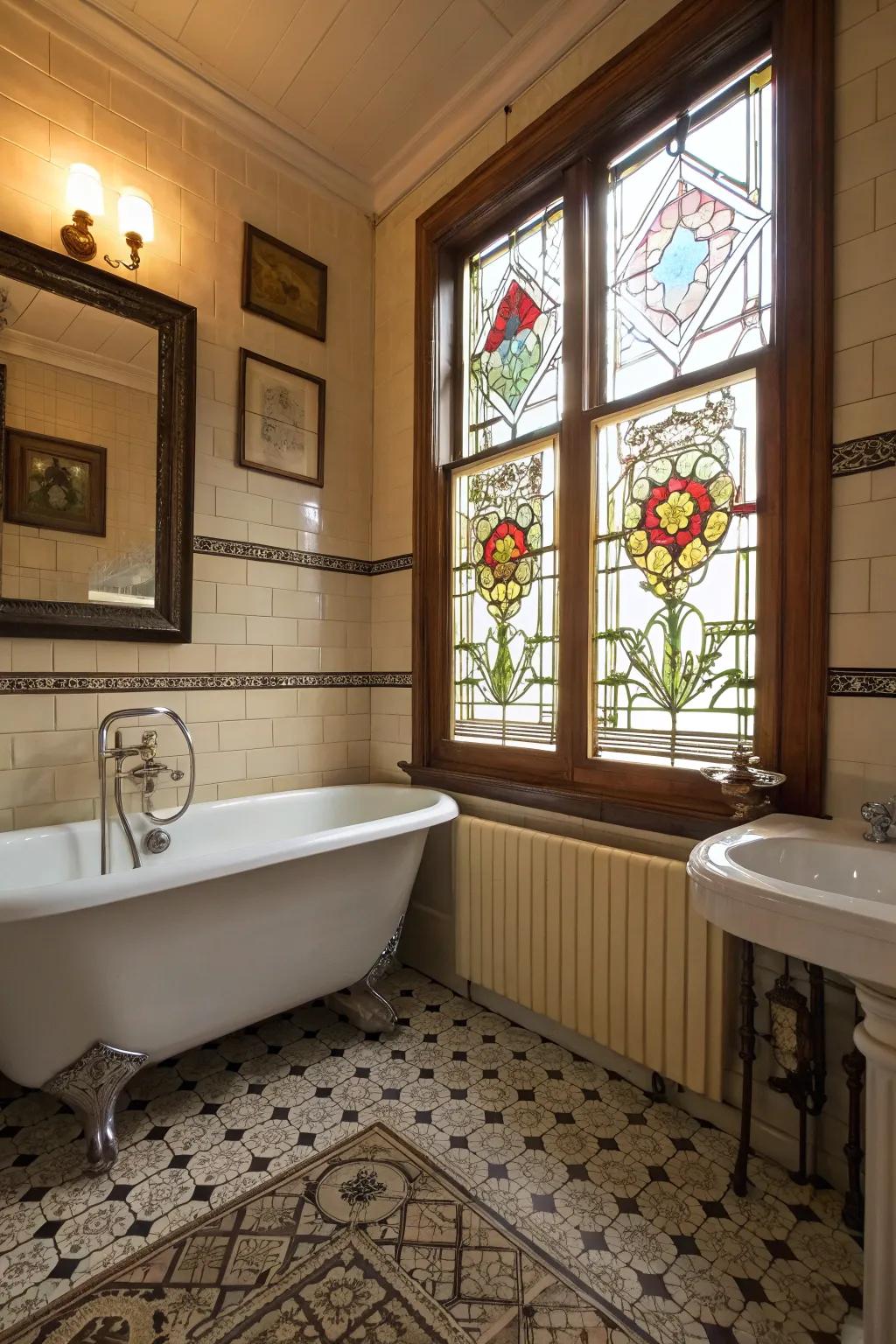 Colored glass windows give color and privacy which has a vintage feel.