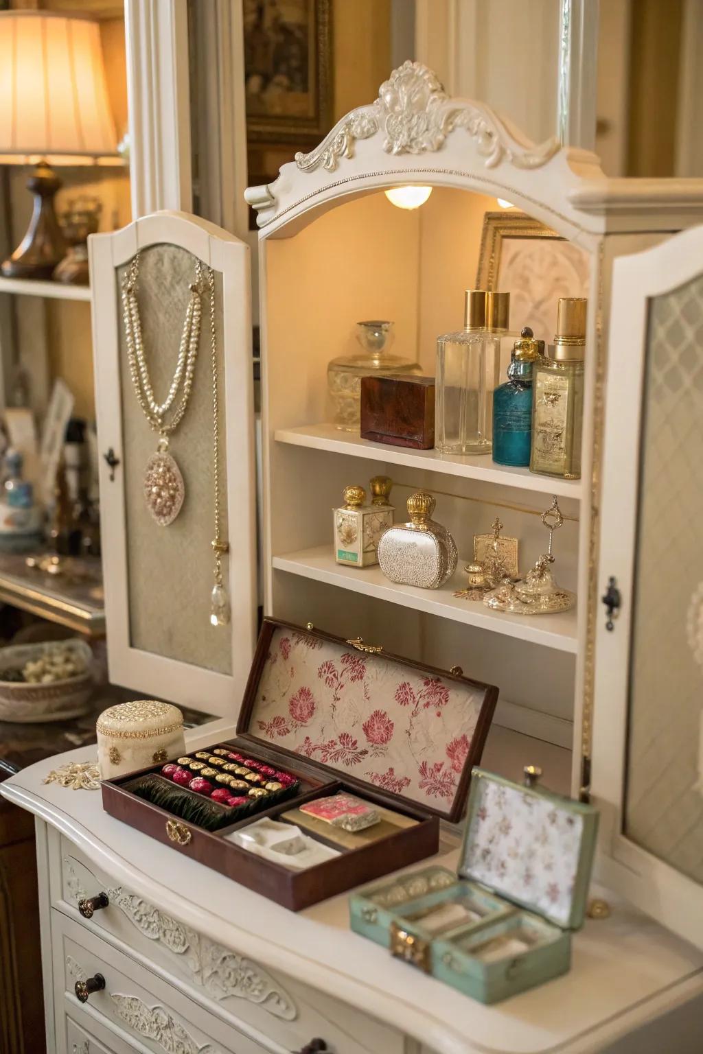 Open shelving displays collections and complements vintage vanities.