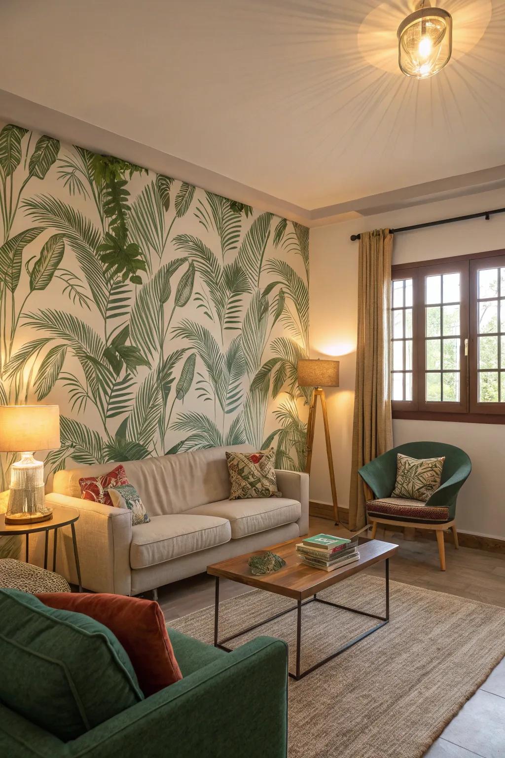 Leafy patterns bring tropical vibes into your living room.