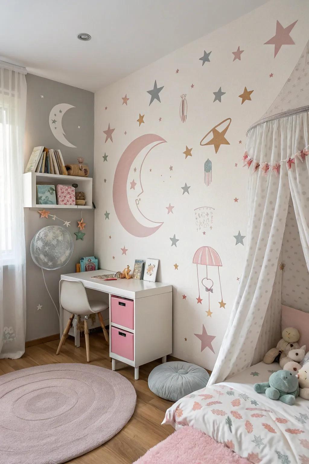 Quirky prints create a dreamy ambiance in a child's room.
