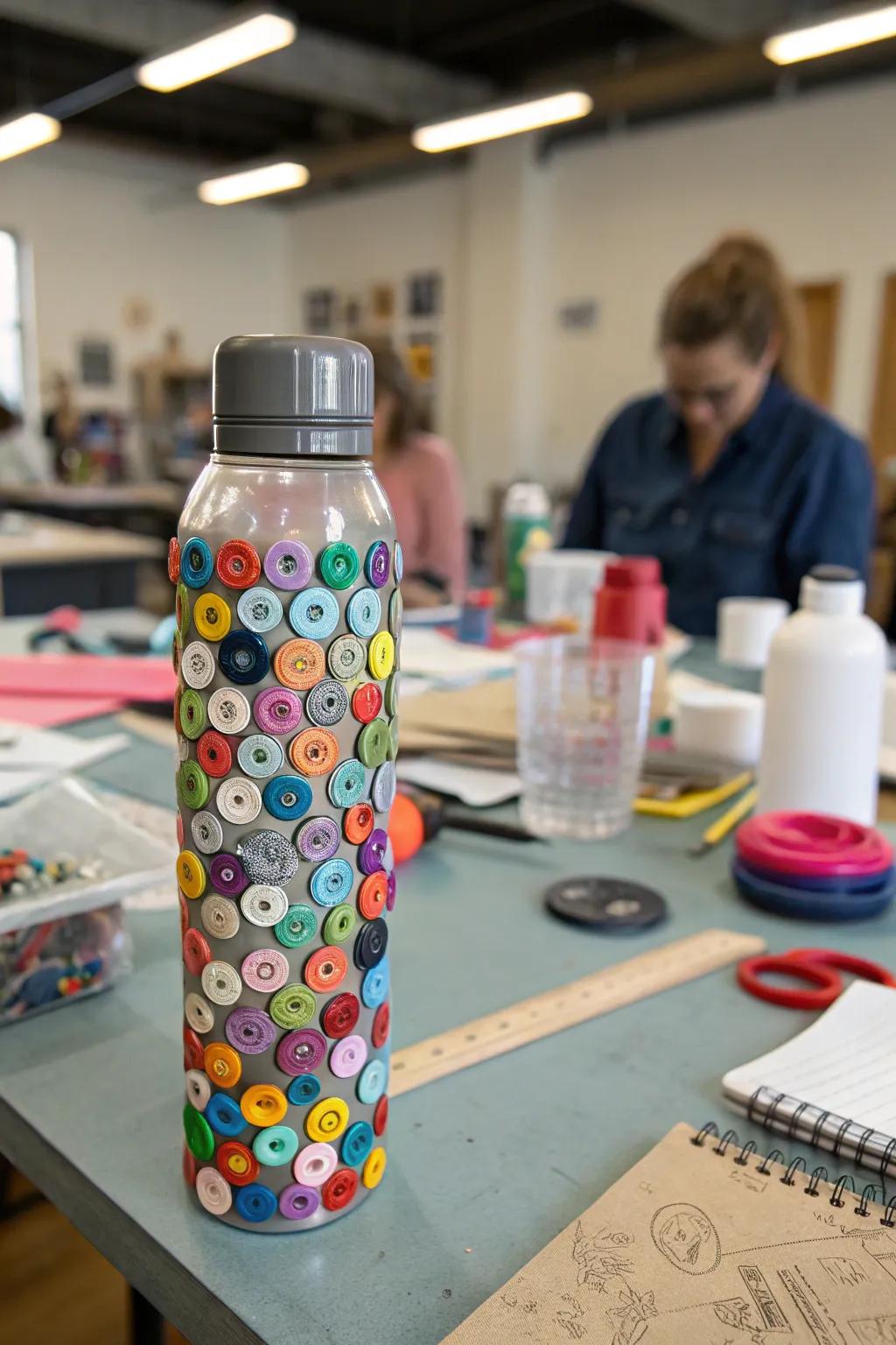 A capricious hydration bottle embellished via colorful studs.