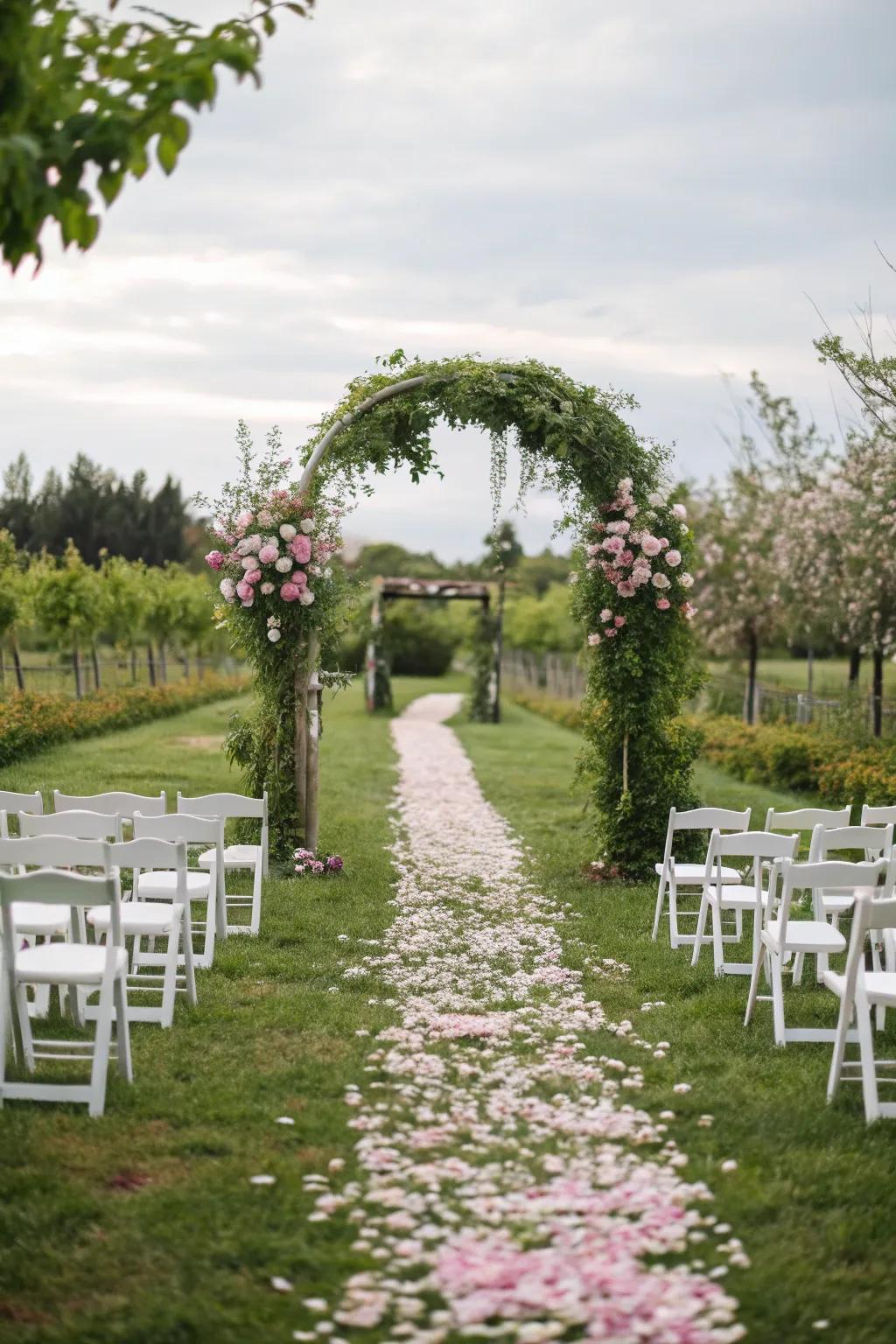A secret garden aisle with vines creates a natural wonderland.