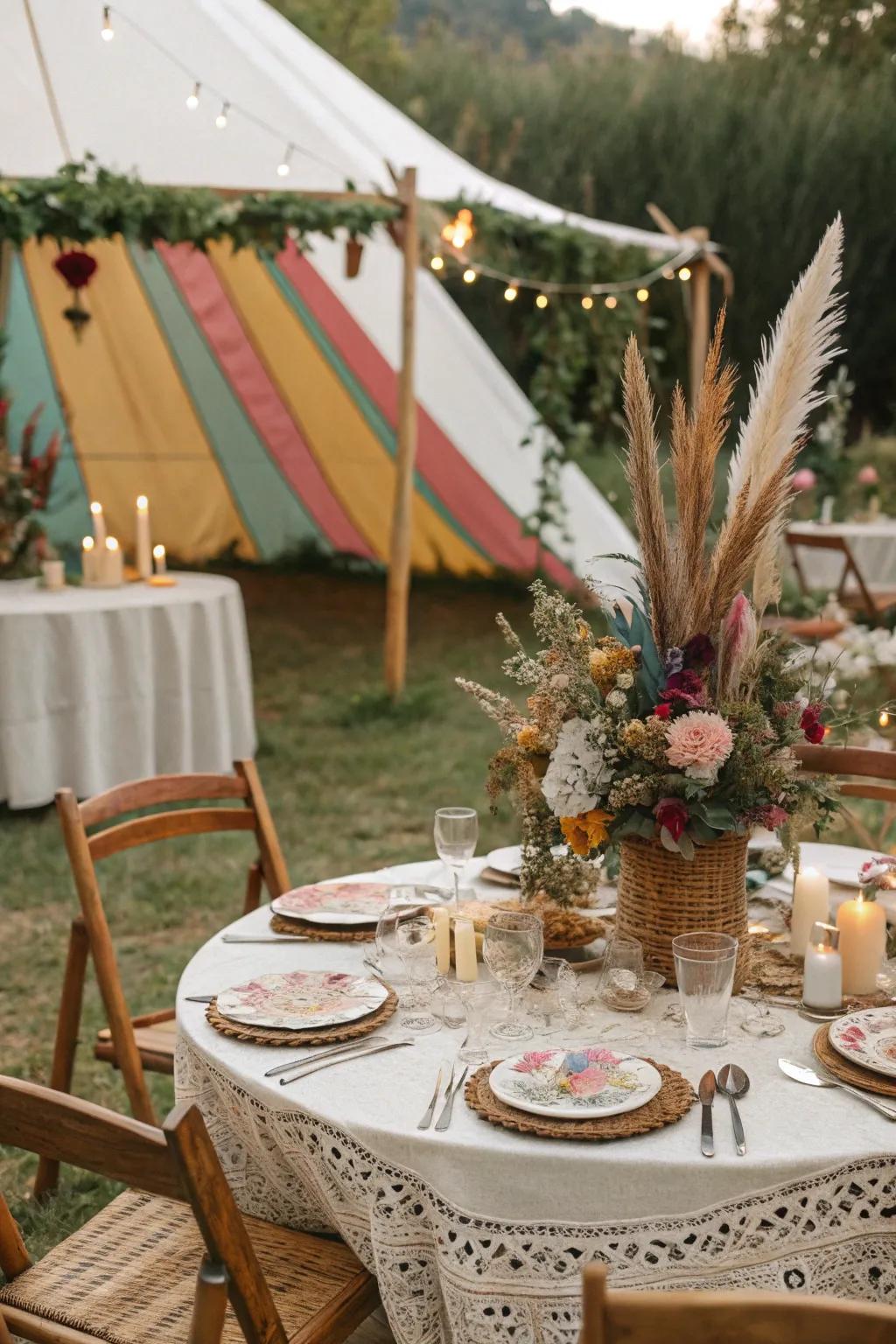 Free-spirited charm with feathers and wildflowers.