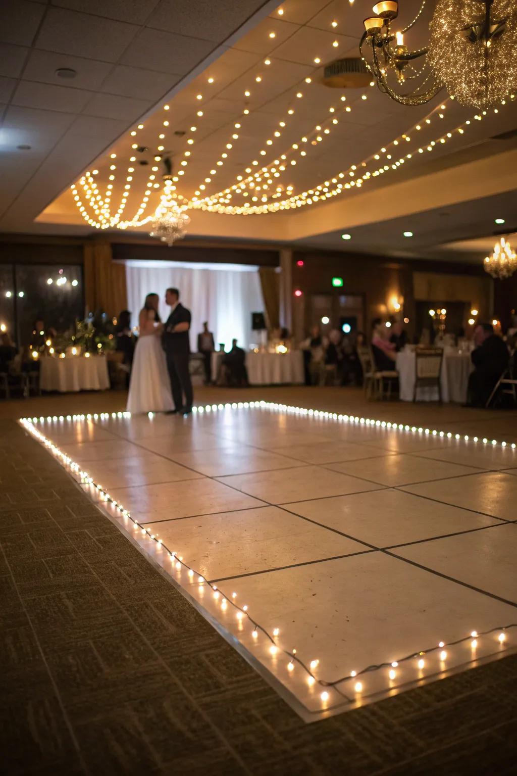 A wedding dance floor creatively outlined with rope lights, which adds a magical touch.